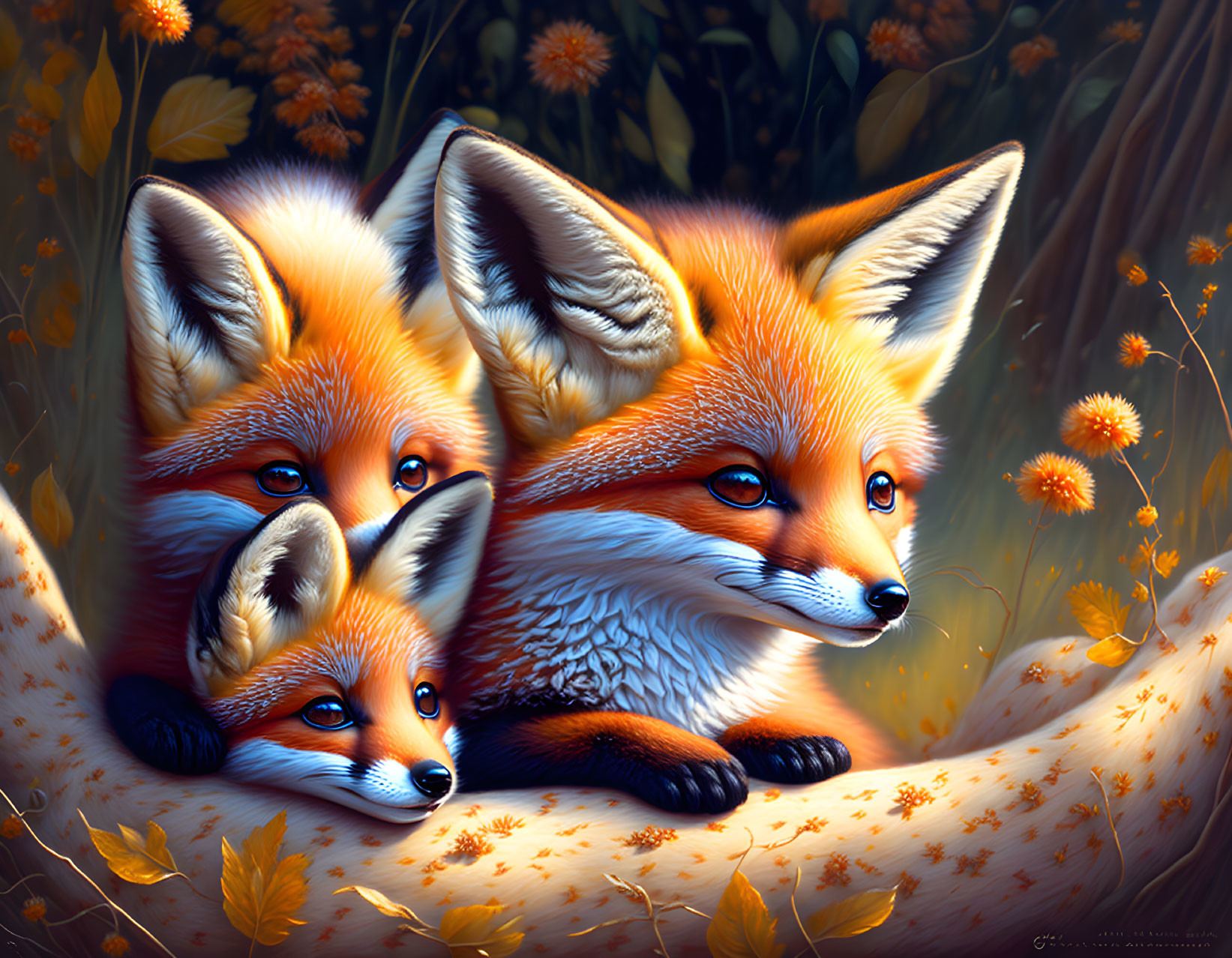 Three Foxes Nestled Among Autumn Leaves in Golden Foliage