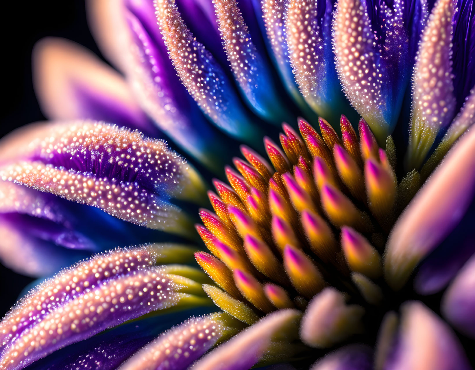 Vibrant flower with dewdrops in purple, blue, and pink hues