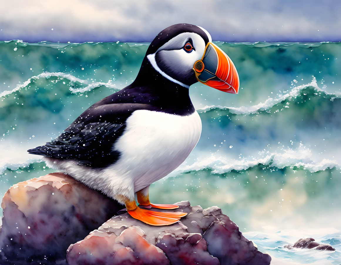 Vibrant puffin on rocky outcrop with ocean waves and stormy sky