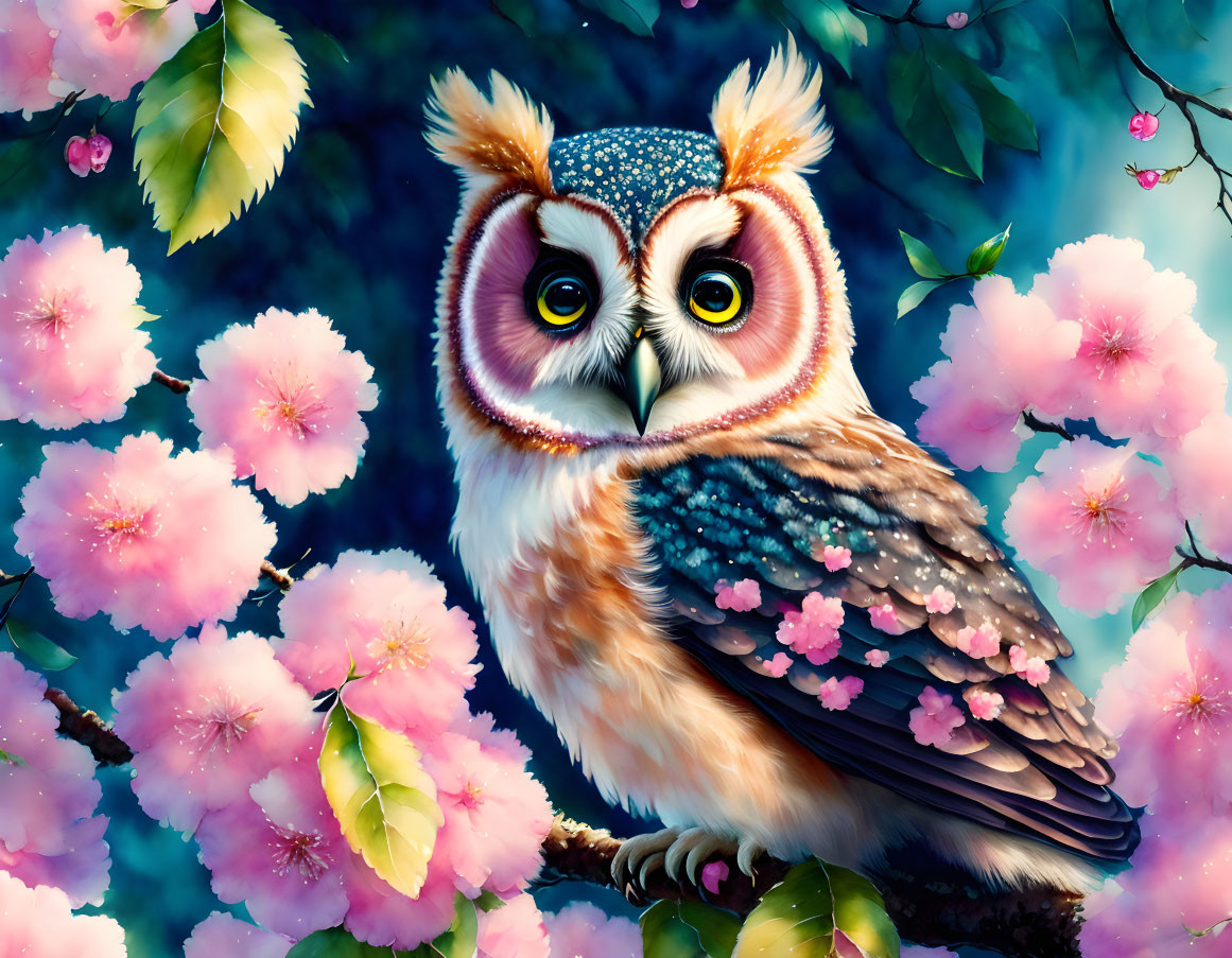 Colorful Stylized Owl Perched on Branch with Pink Blossoms