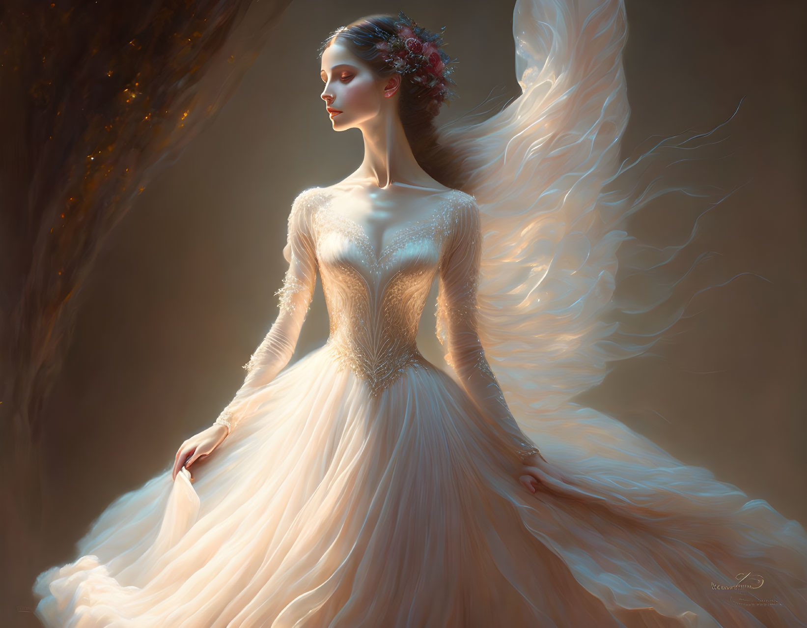 Ethereal woman in elegant beige dress with delicate embellishments