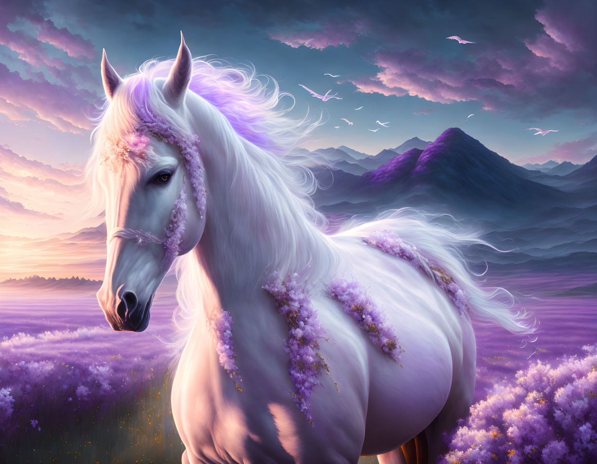 White Horse with Flowing Mane in Purple Flower Field with Mountain Backdrop