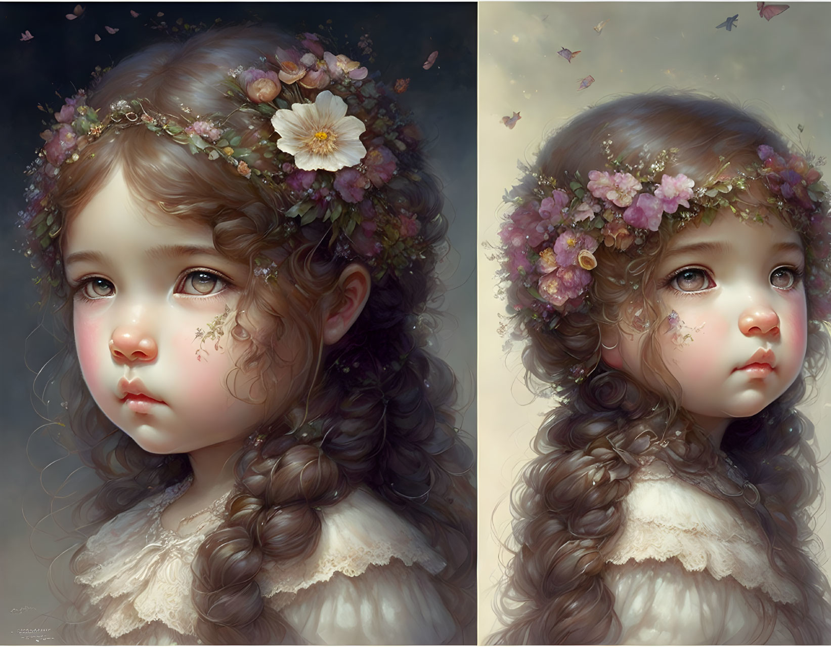 Young girl with flower crown and detailed curly hair in somber close-up portraits