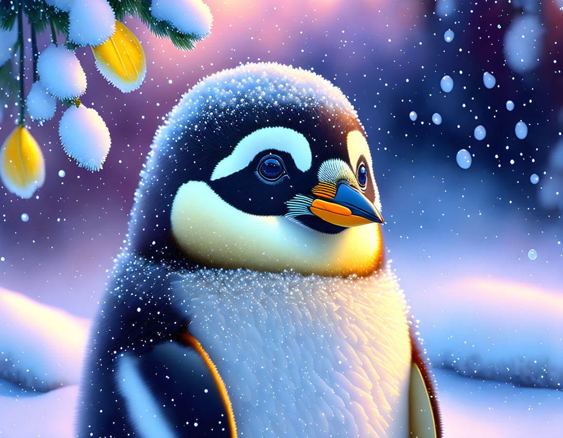 Colorful Penguin Illustration in Snowy Landscape with Snowflakes