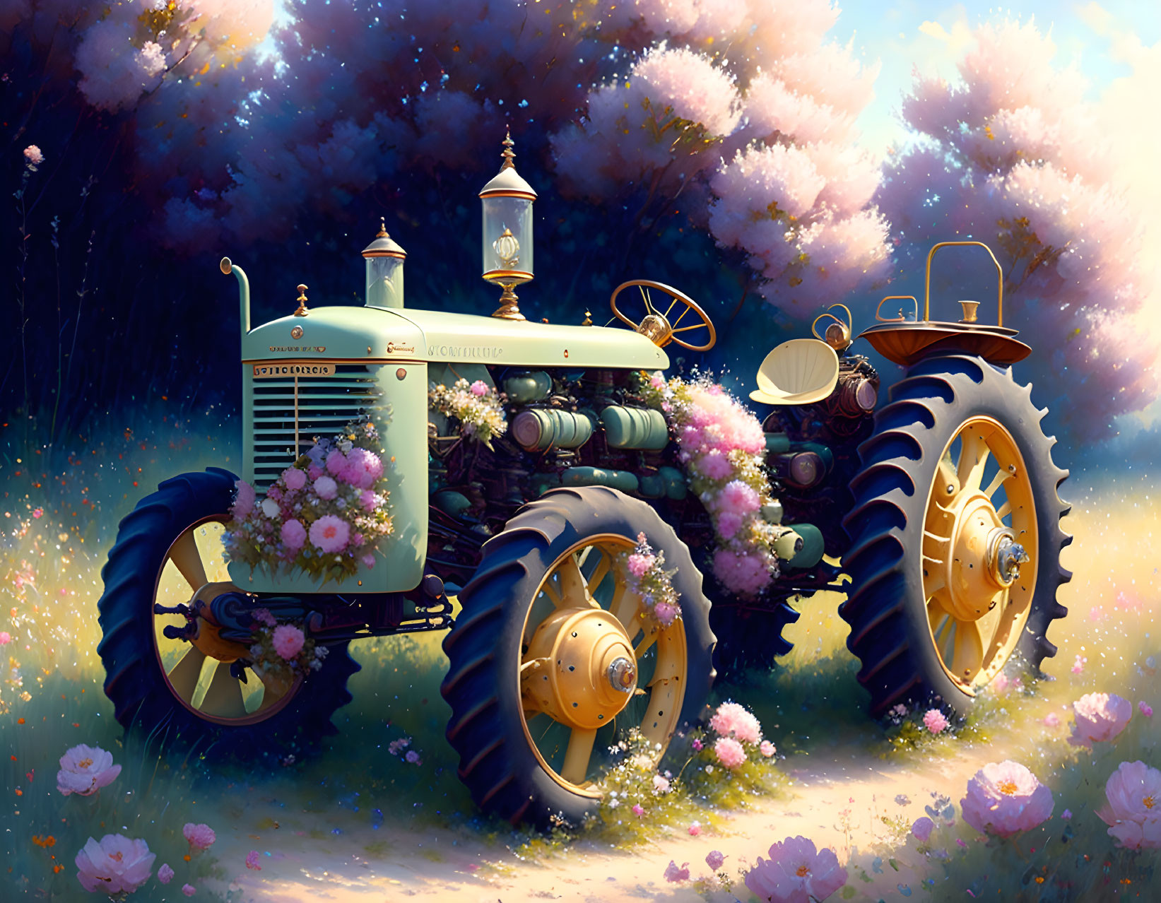 Vintage Tractor in Sunlit Meadow with Pink and White Flowers