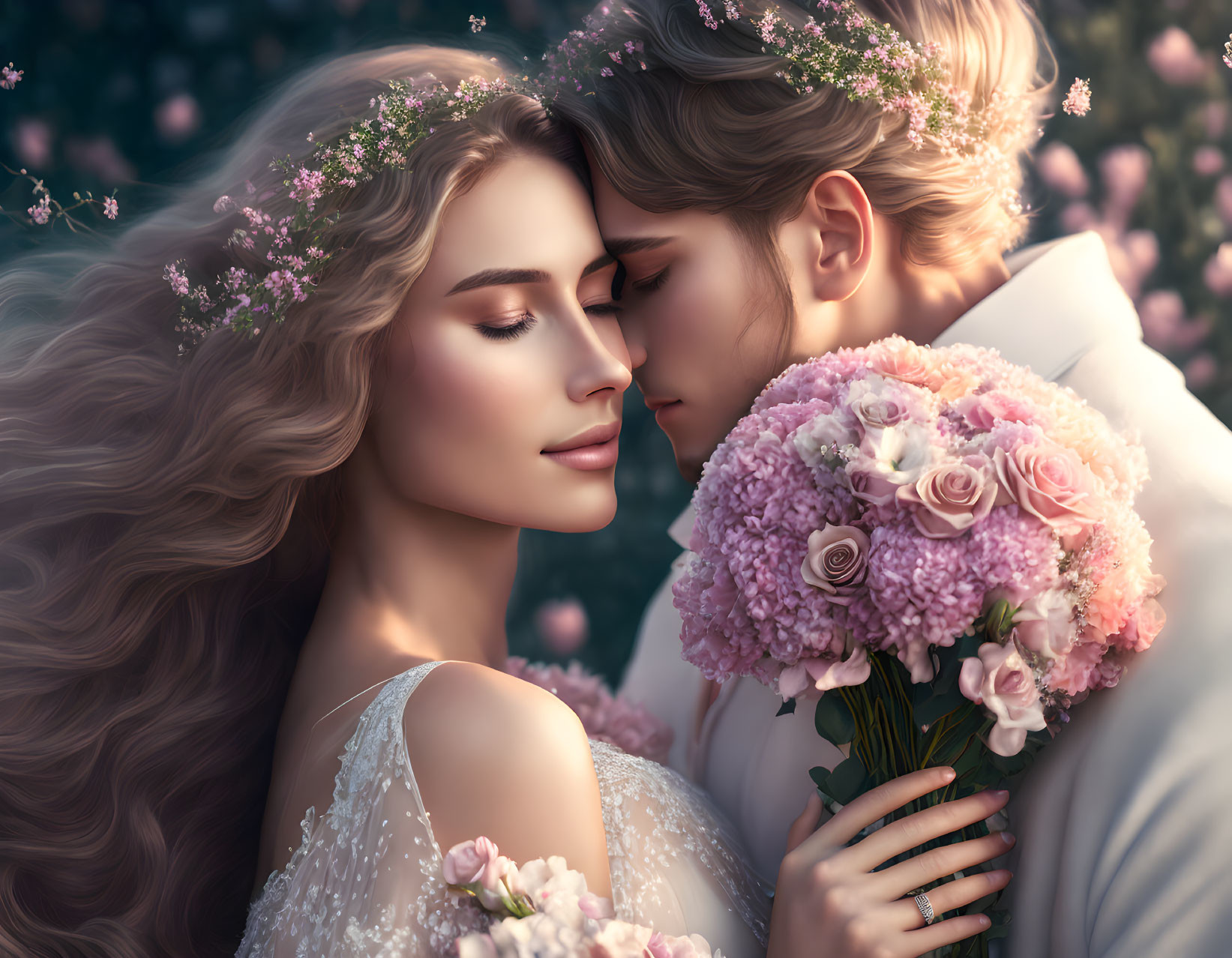 Wedding couple embracing with bouquet and floral crowns