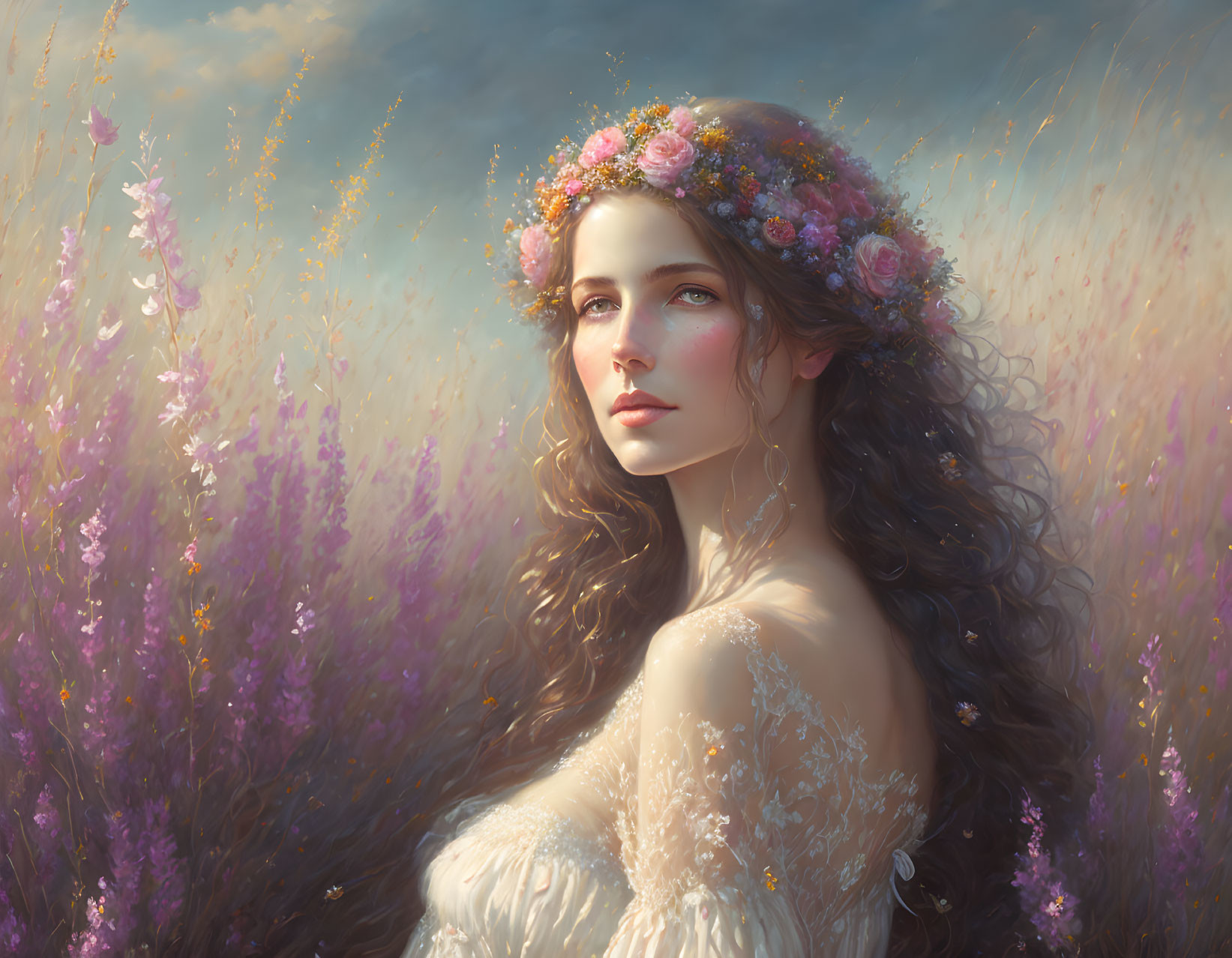 Woman with long wavy hair in floral wreath among blooming purple flowers