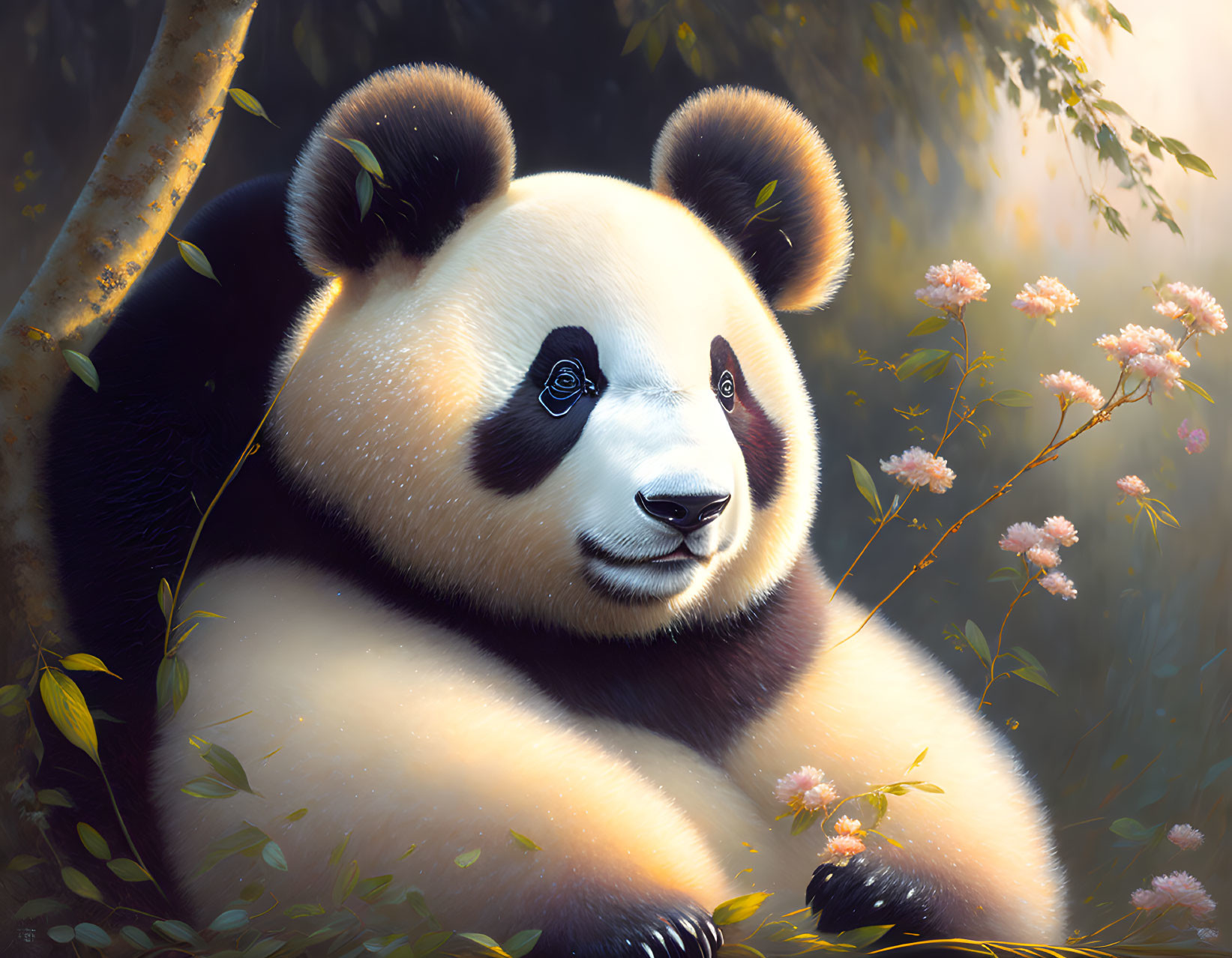 Panda resting under tree with blossoming flowers in sunlight