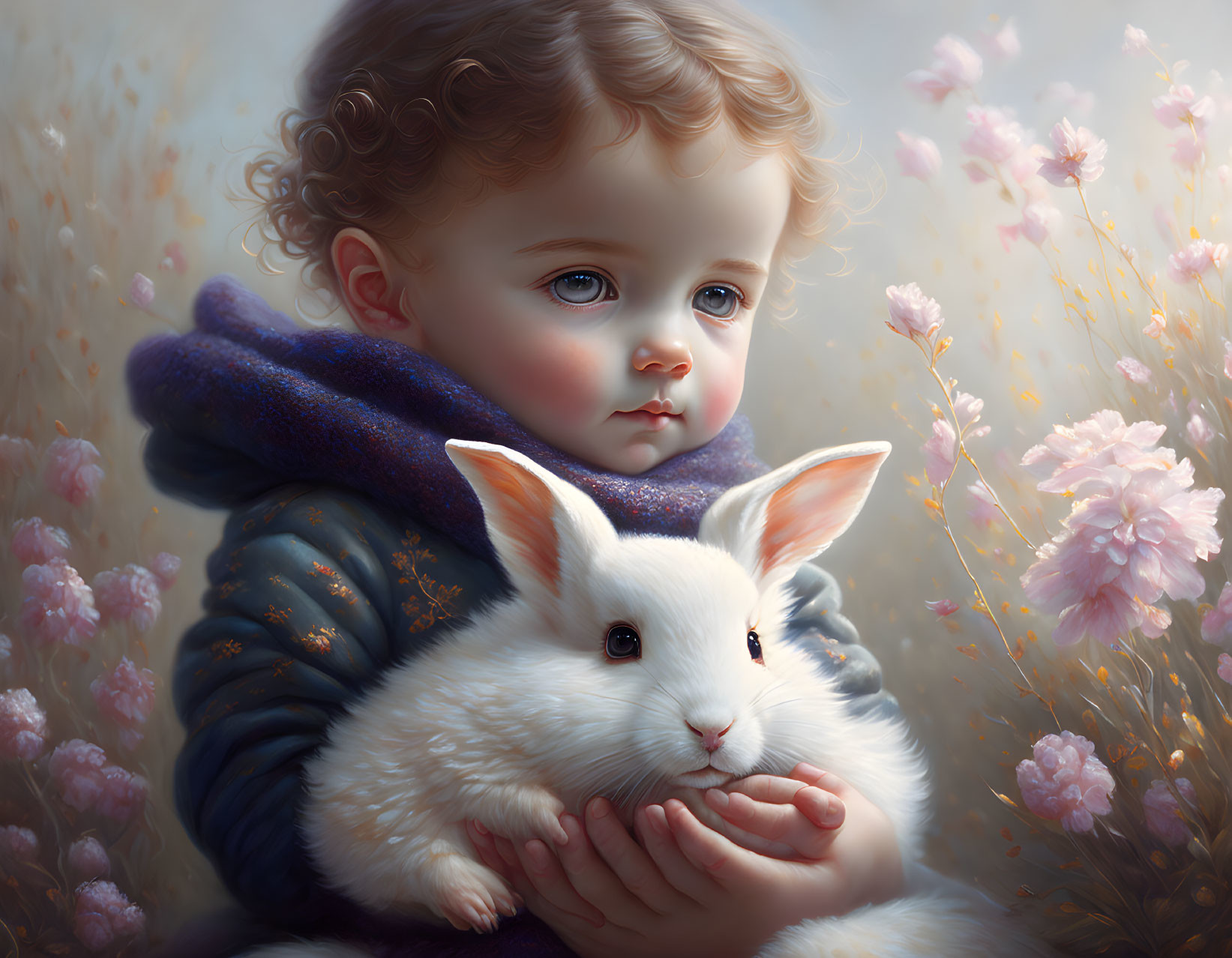 Child with Curly Hair Holding White Rabbit in Pink Flower Field