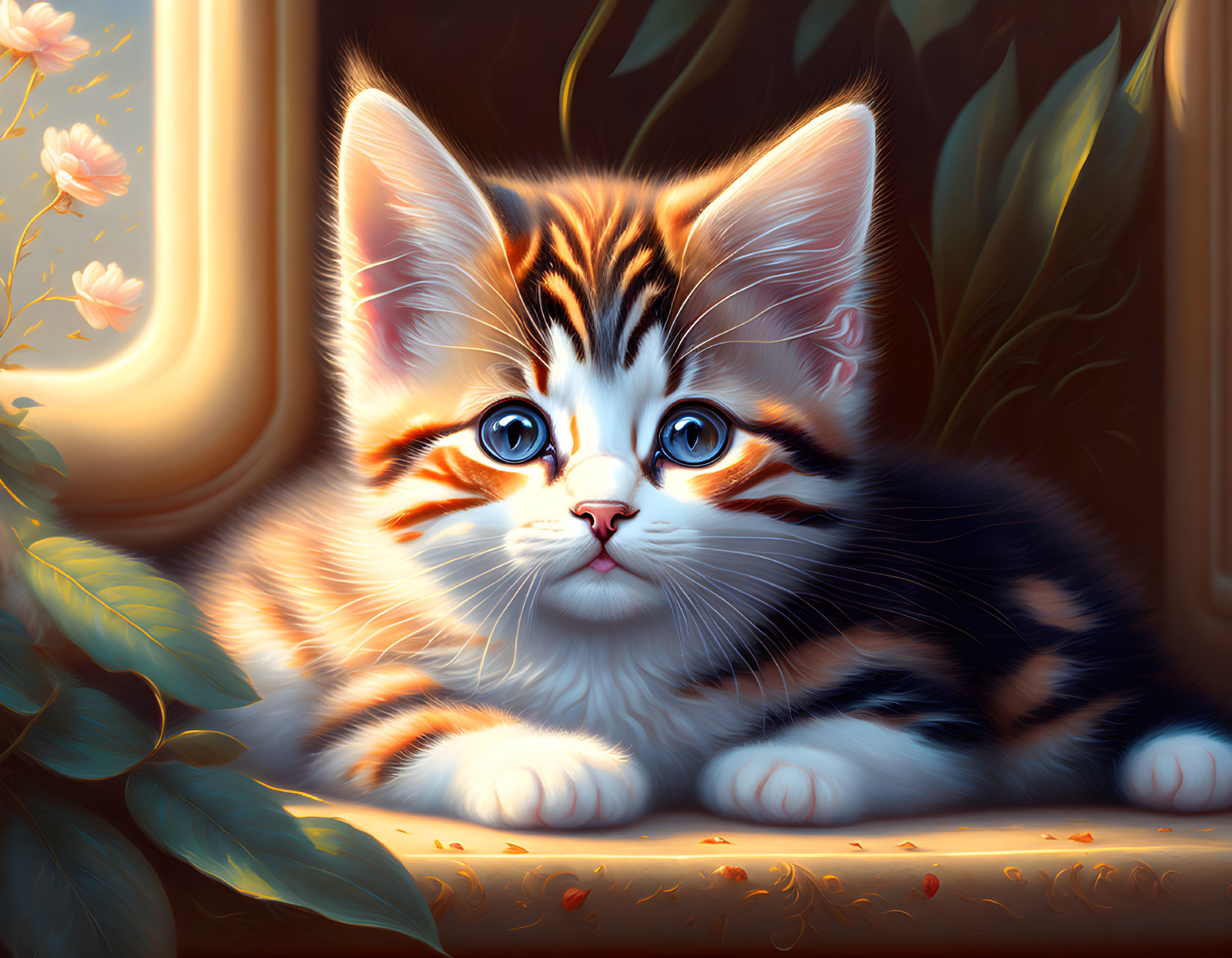 Adorable Tabby Kitten with Blue Eyes and Sunlit Window Scene