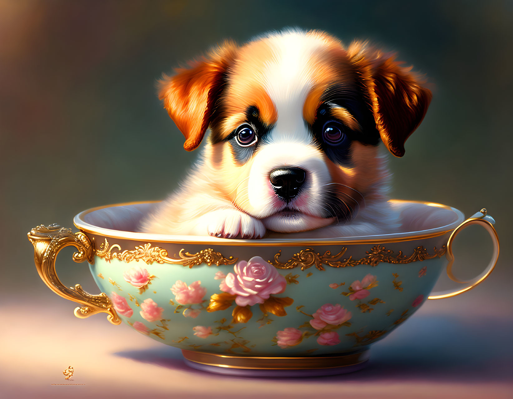 Fluffy black, white, and brown puppy in ornate golden cup
