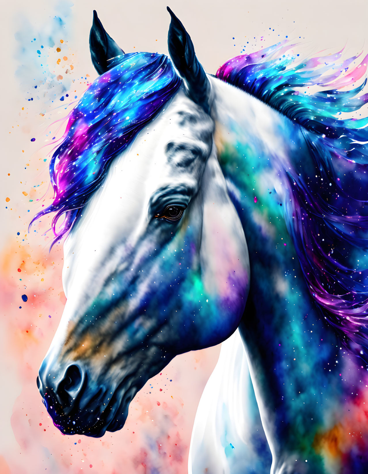 Colorful digital artwork: White horse with galaxy-themed mane on paint backdrop