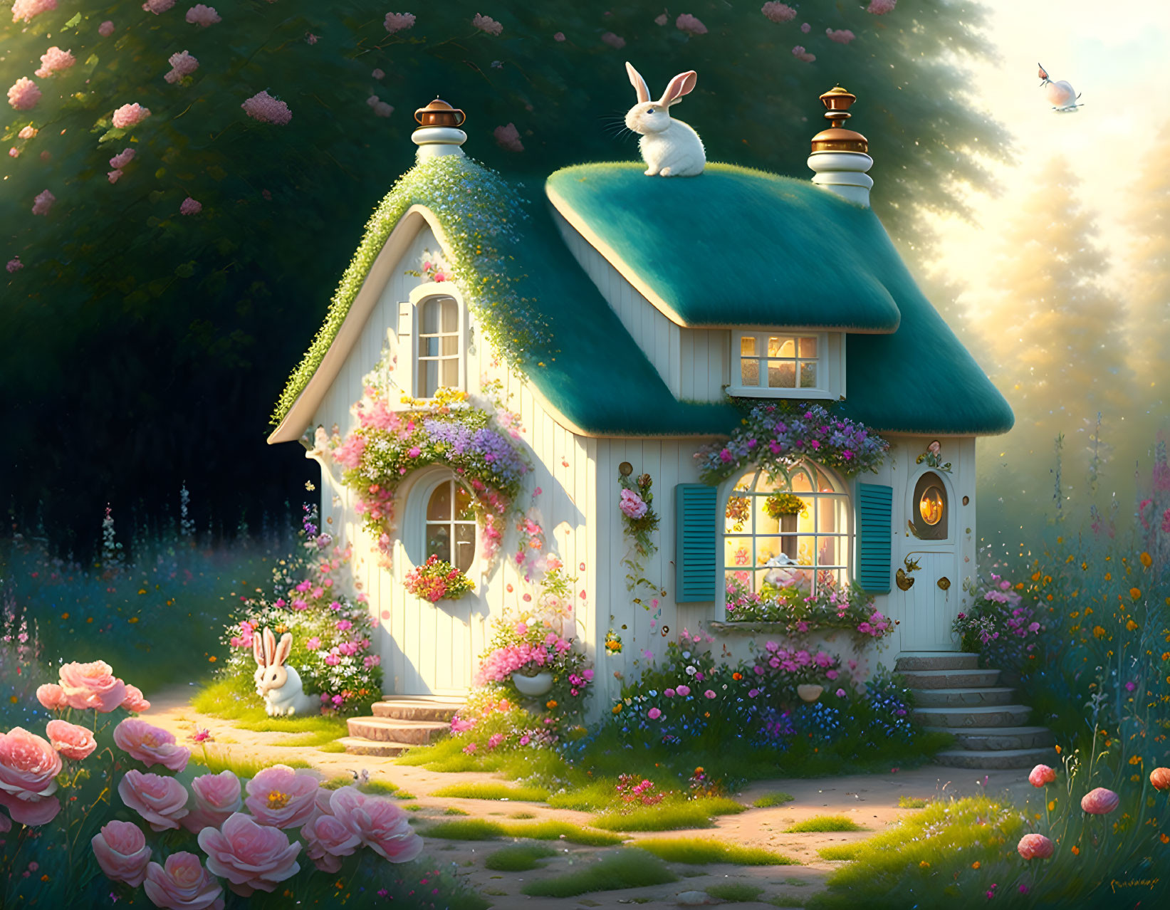 Whimsical cottage with blue roof and lush garden featuring rabbits and butterfly