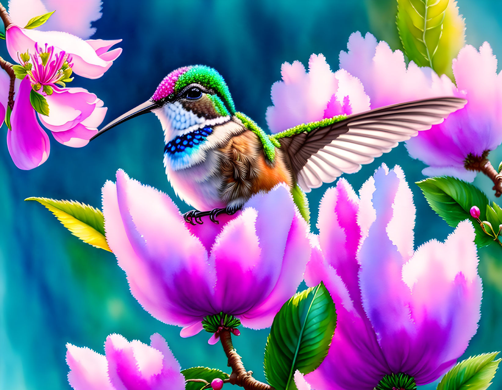 Colorful hummingbird on pink flower in lush garden scene