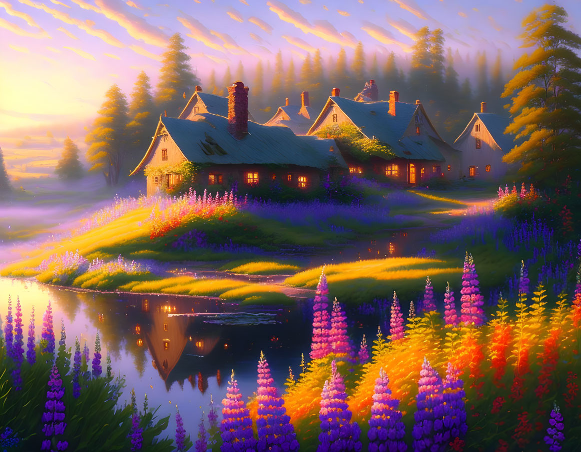 Tranquil village scene at sunset with cozy houses and wildflowers