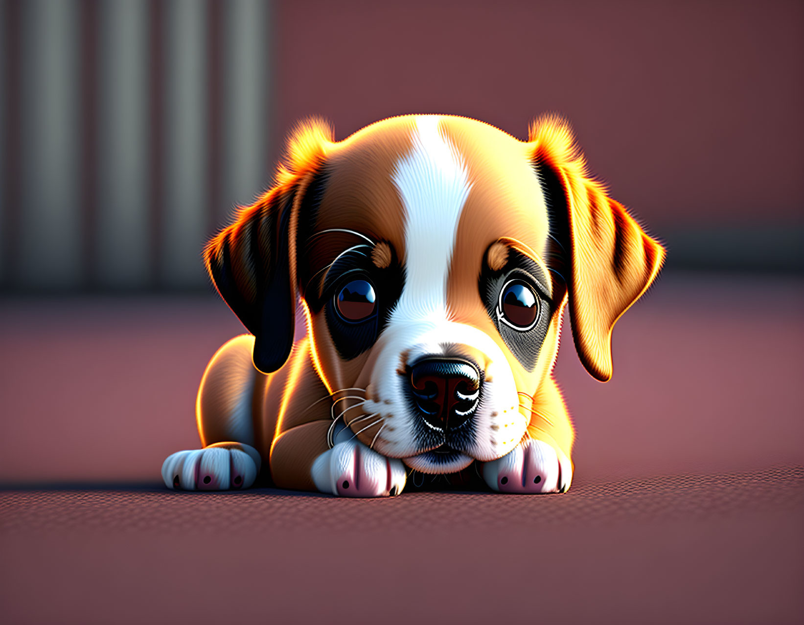 Brown and White Puppy with Glossy Eyes on Pink Background