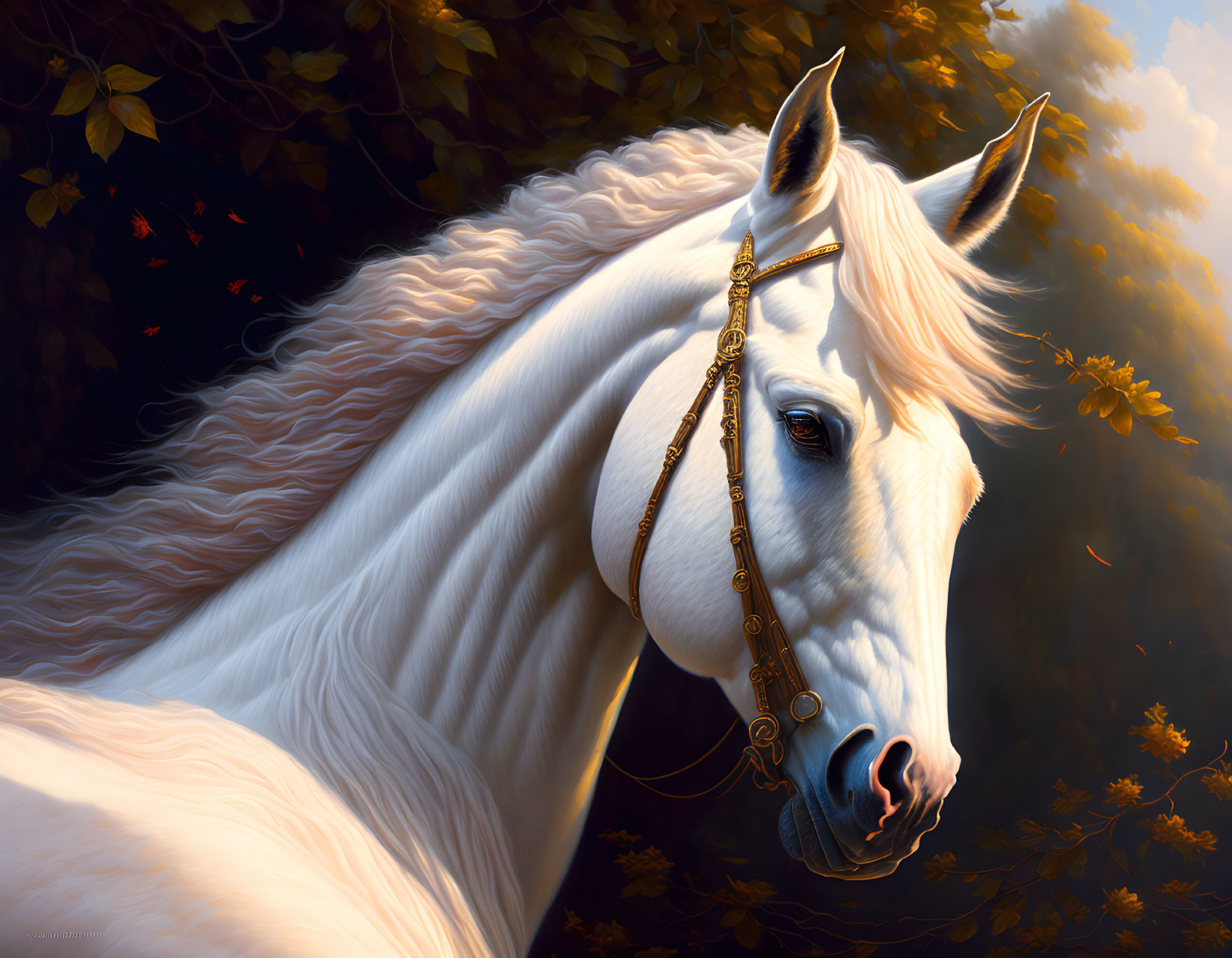 White Horse with Flowing Mane and Golden Bridle in Autumnal Setting