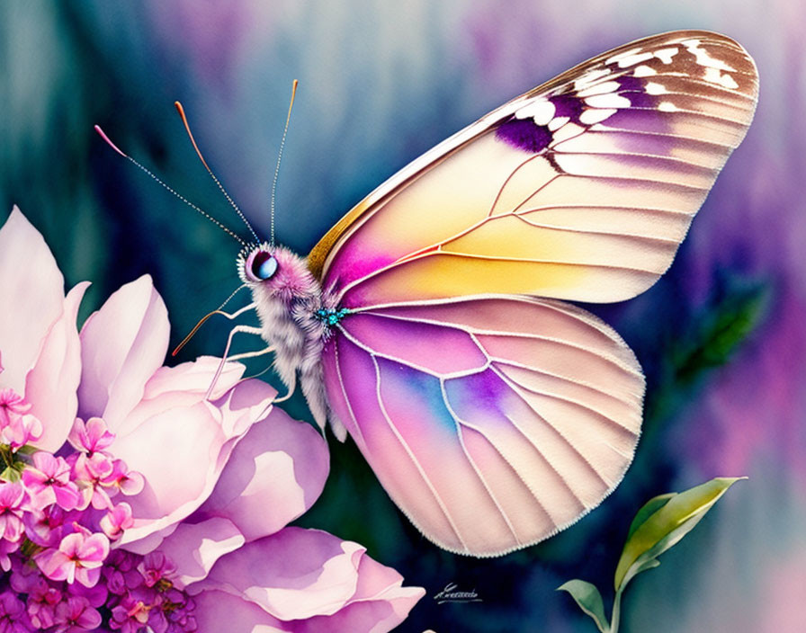 Colorful Butterfly Resting on Pink Flowers Against Purple Background