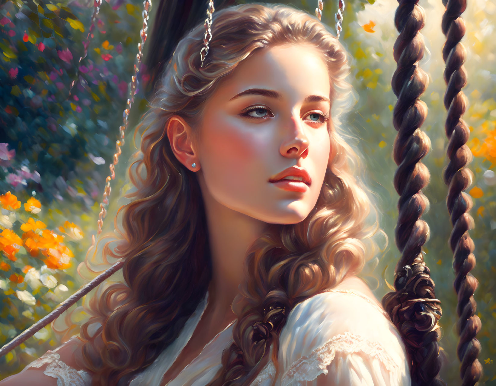 Young woman with braided hair on swing among colorful flowers in soft sunlight