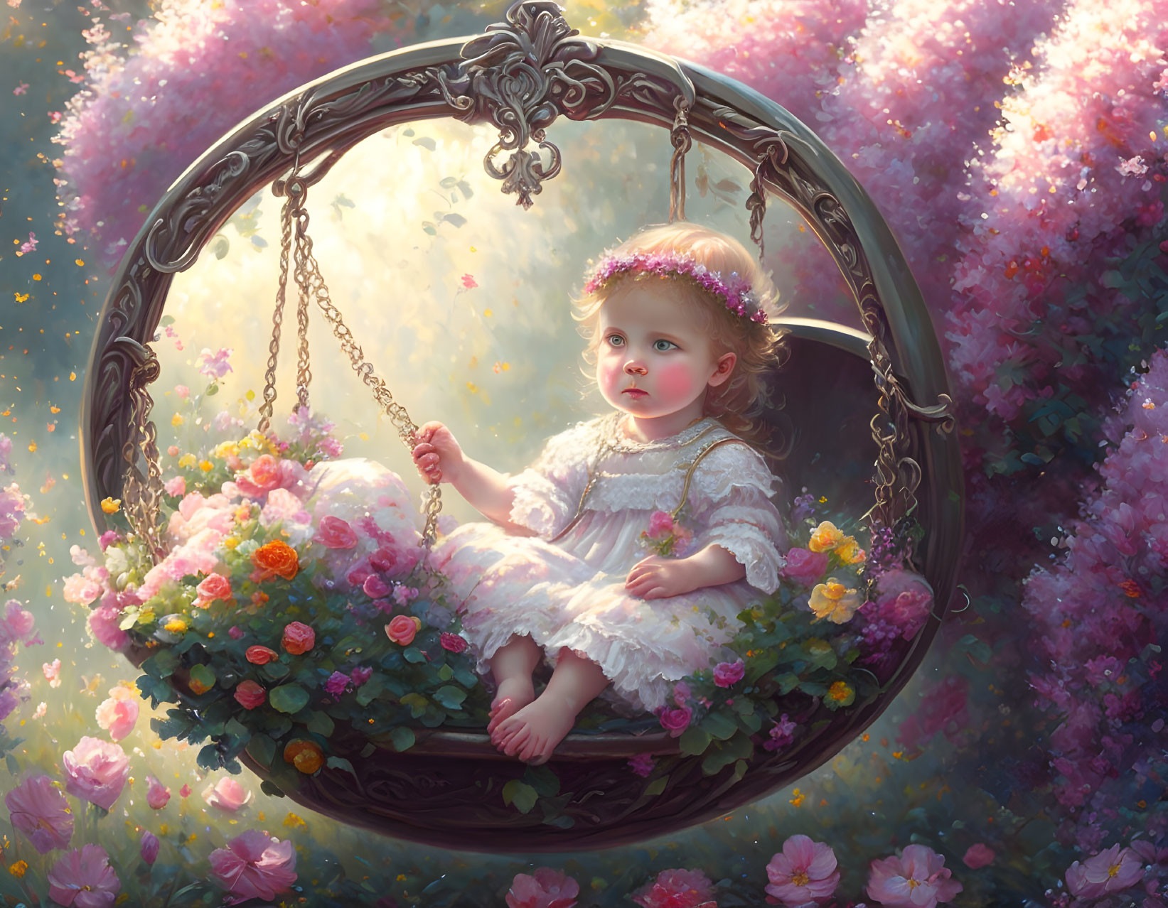 Child in flower swing surrounded by lush garden with ethereal light.