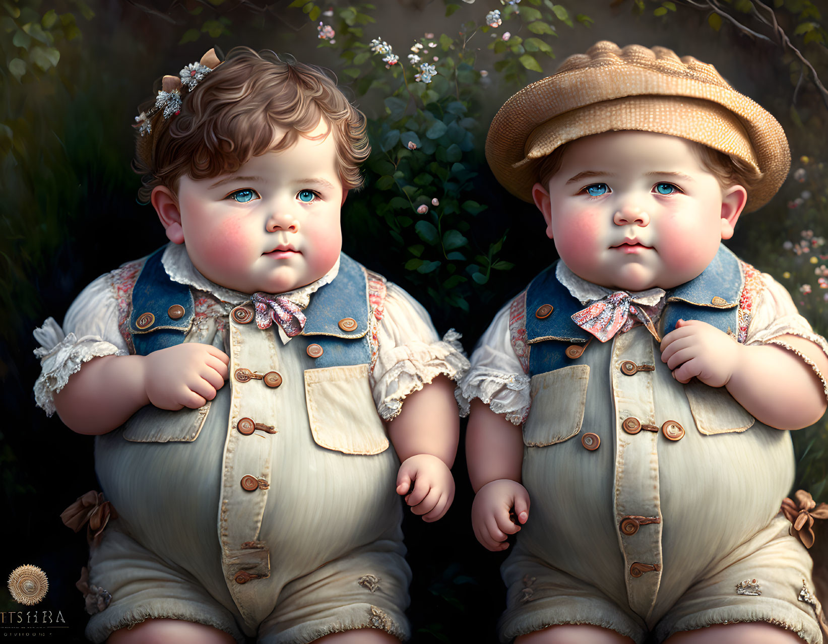 Cherubic toddlers in vintage outfits with bows and straw hats in garden scene