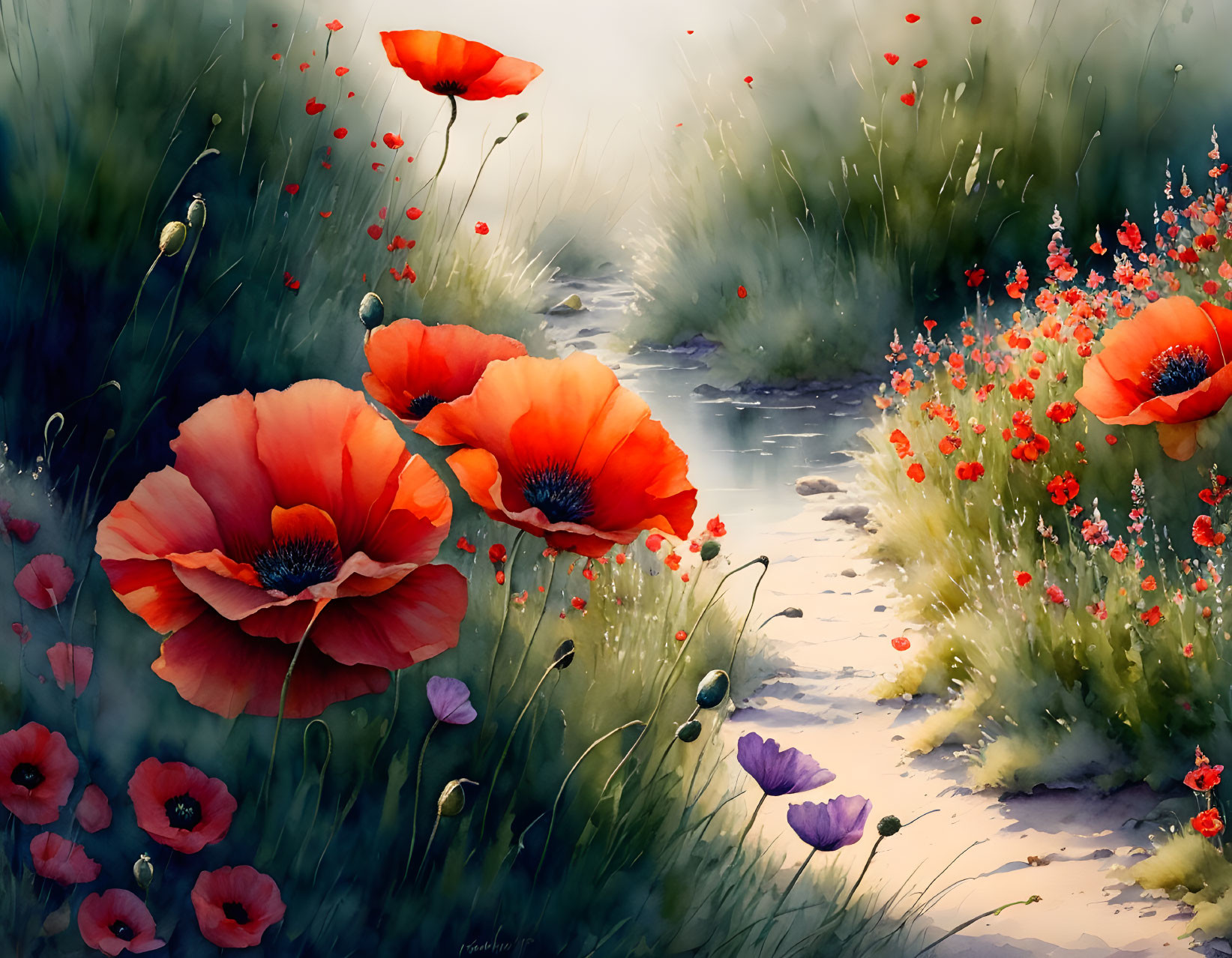 Tranquil painting: Red poppies, purple flowers, stream, lush greenery