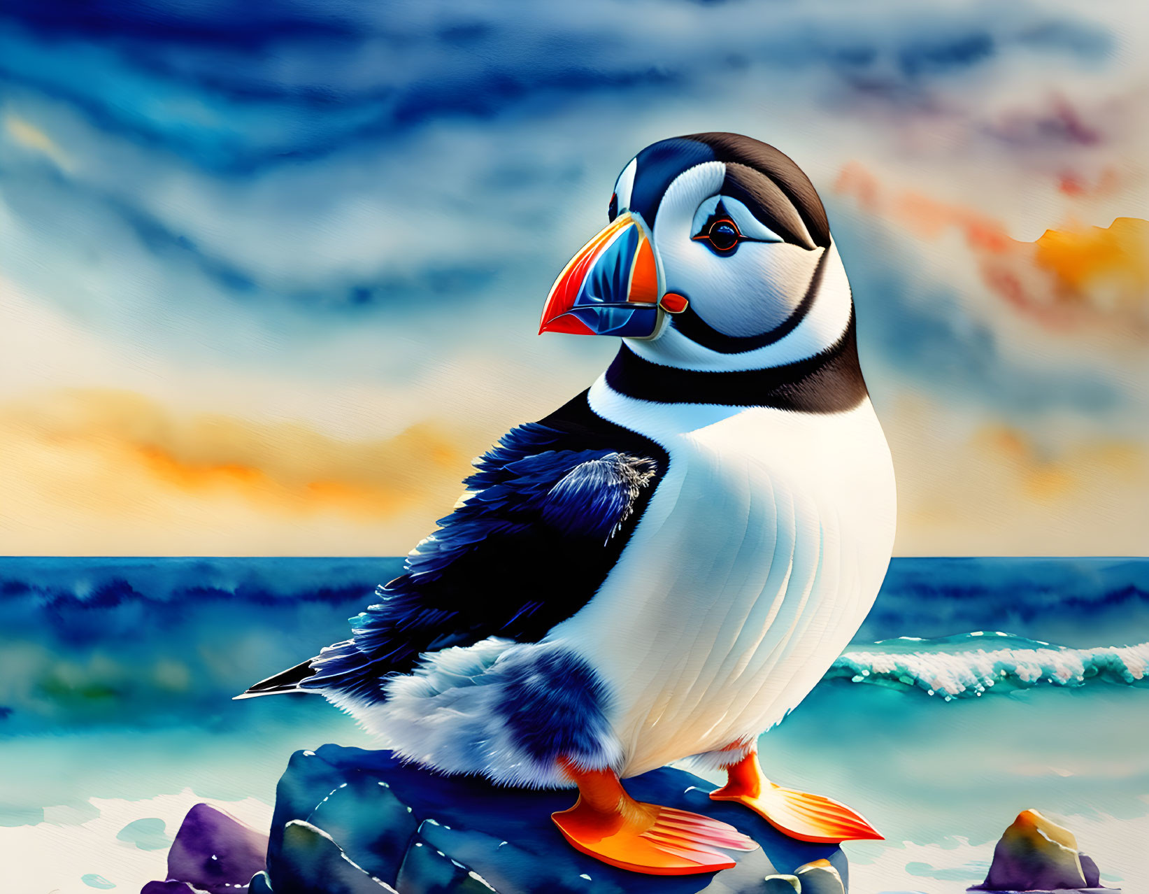 Vibrant puffin illustration on rock with sunset and ocean