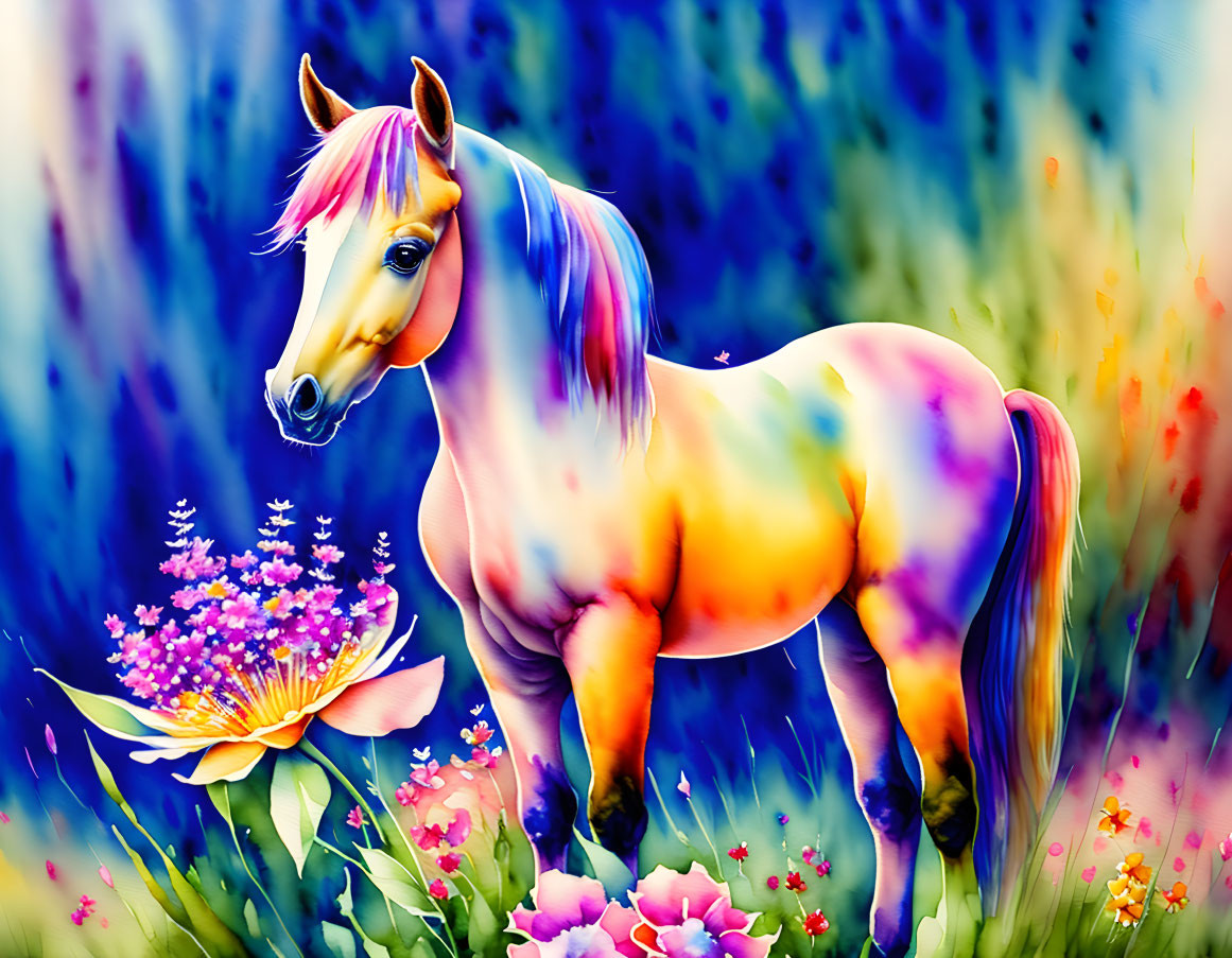Colorful Horse with Rainbow Mane in Flower-Filled Landscape
