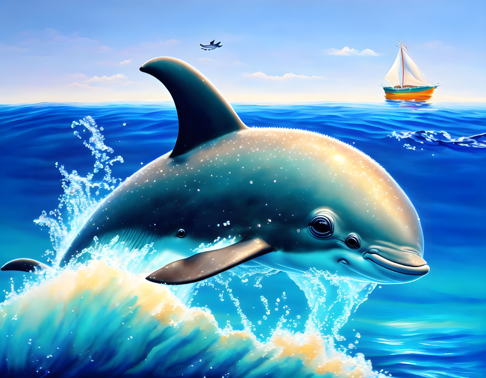 Colorful Dolphin Leaping from Blue Ocean with Sailboat and Bird