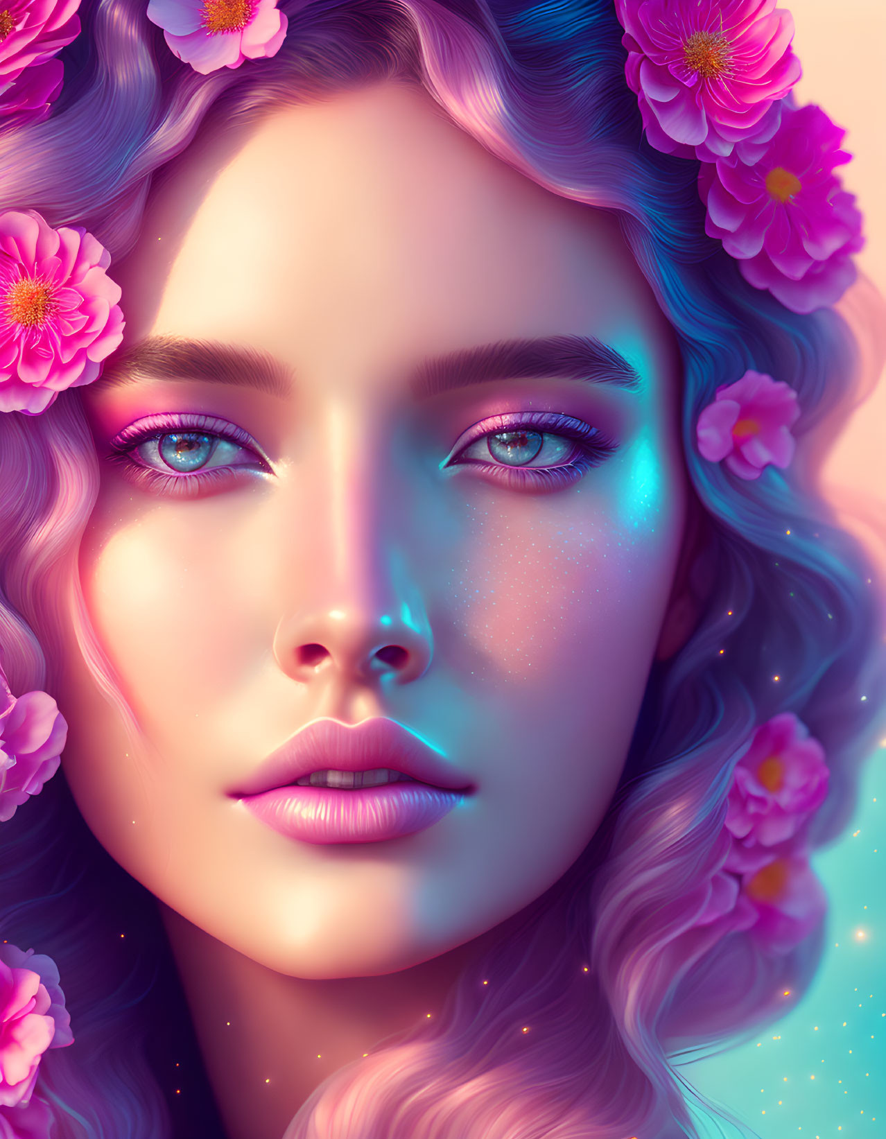 Colorful digital portrait of a woman with blue eyes and pink flowers in her hair