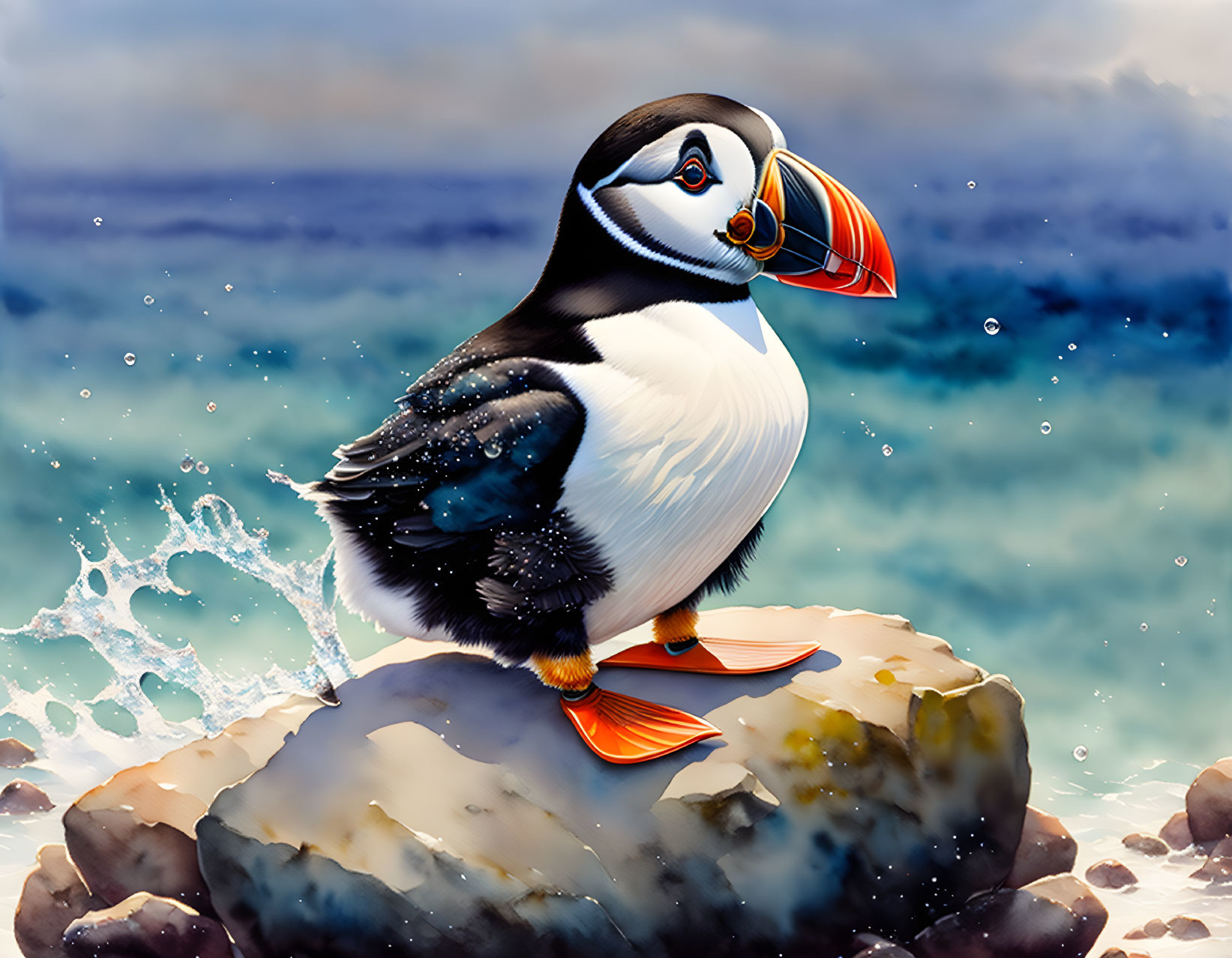 Colorful Atlantic Puffin on Rock with Waves in Background