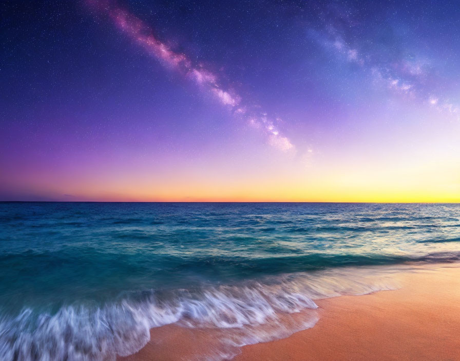 Twilight beach scene with Milky Way, purple-orange sky, and gentle waves