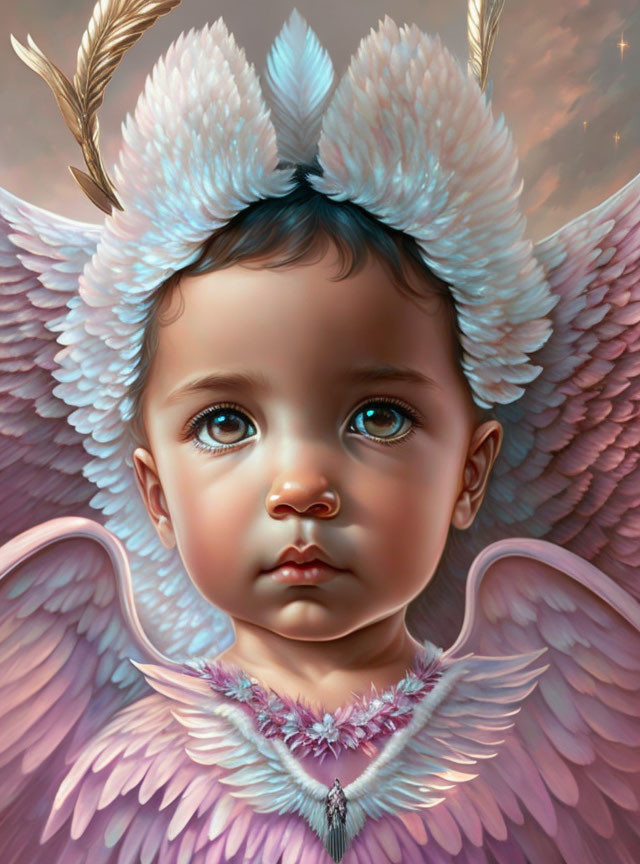 Illustration of baby with expressive eyes, feather headdress, and wings on cloudy background