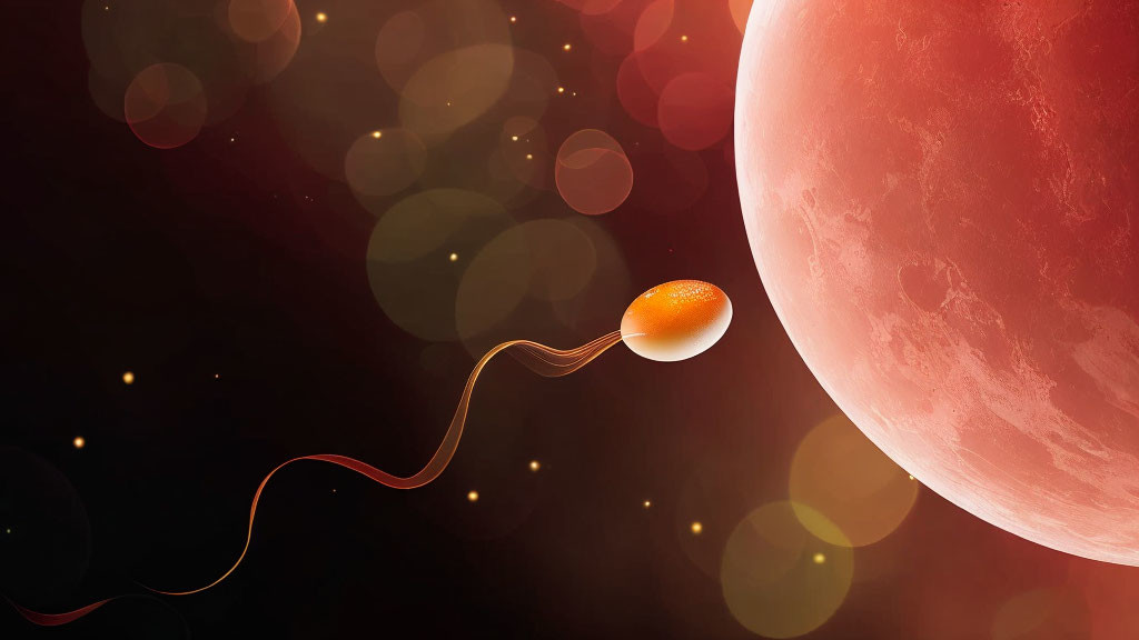 Single sperm near egg in space with red planet & bokeh lights, symbolizing fertilization