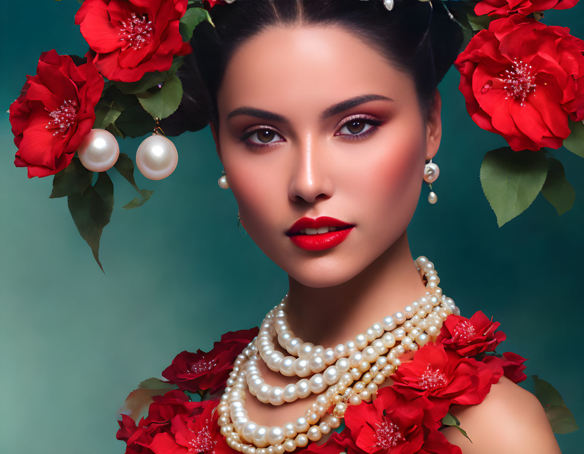 Woman with Red Lipstick and Pearl Jewelry on Teal Background