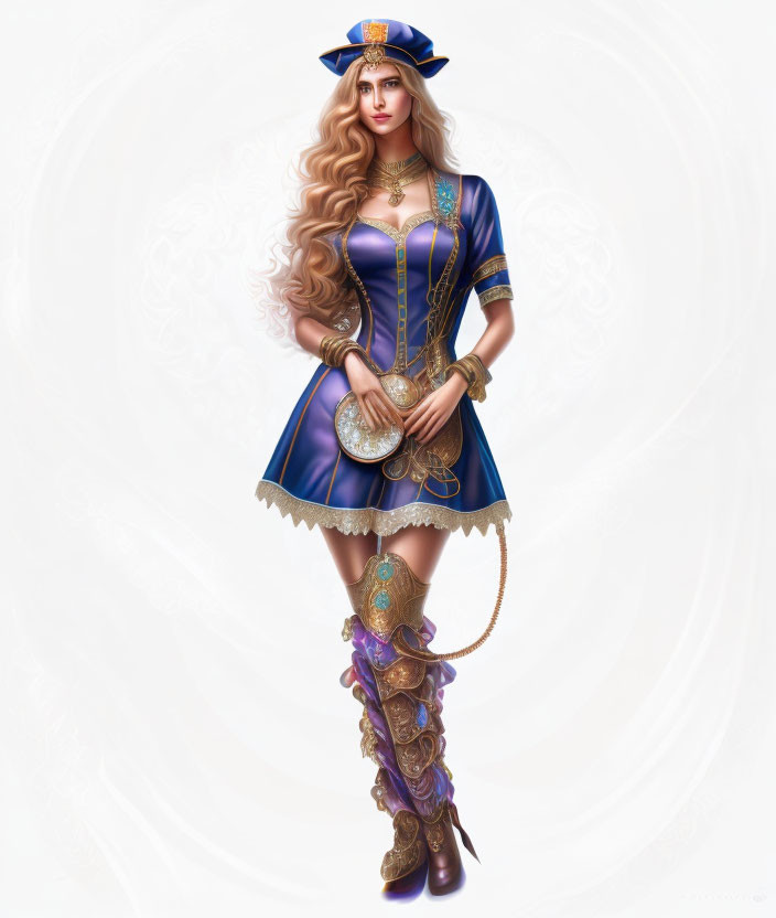 Fantasy-style digital artwork of a woman in blue and gold outfit