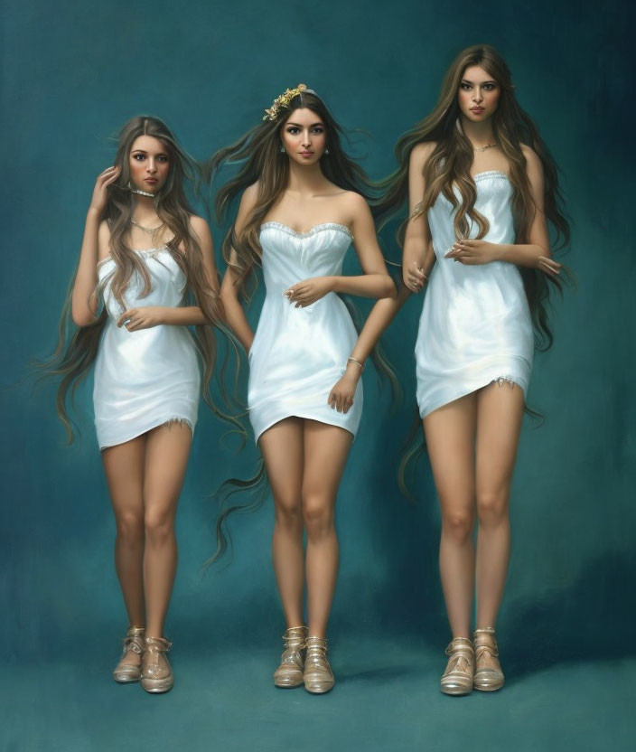 Three Women in White Dresses with Golden Sandals and Flowing Hair