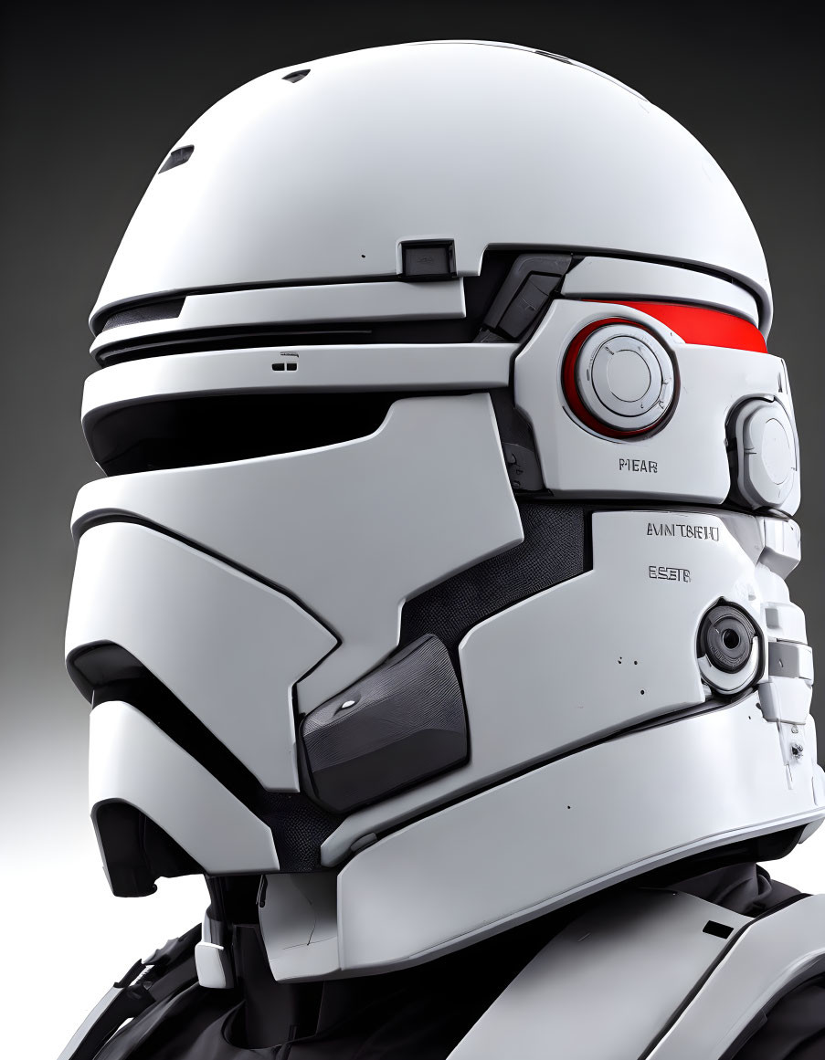 White high-tech helmet with red and black detailing - futuristic soldier or sci-fi character.