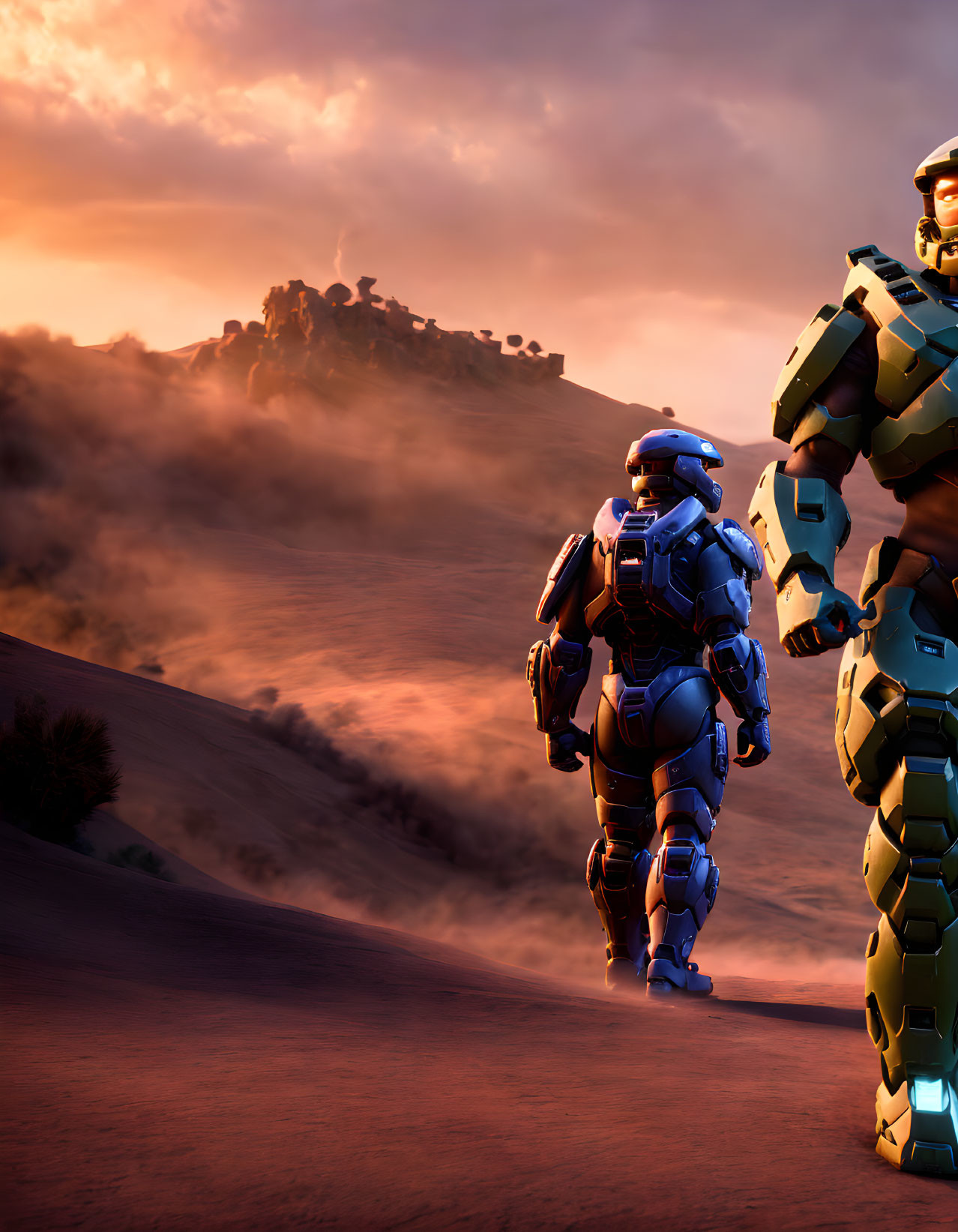 Futuristic soldiers in powered armor suits on dusty terrain