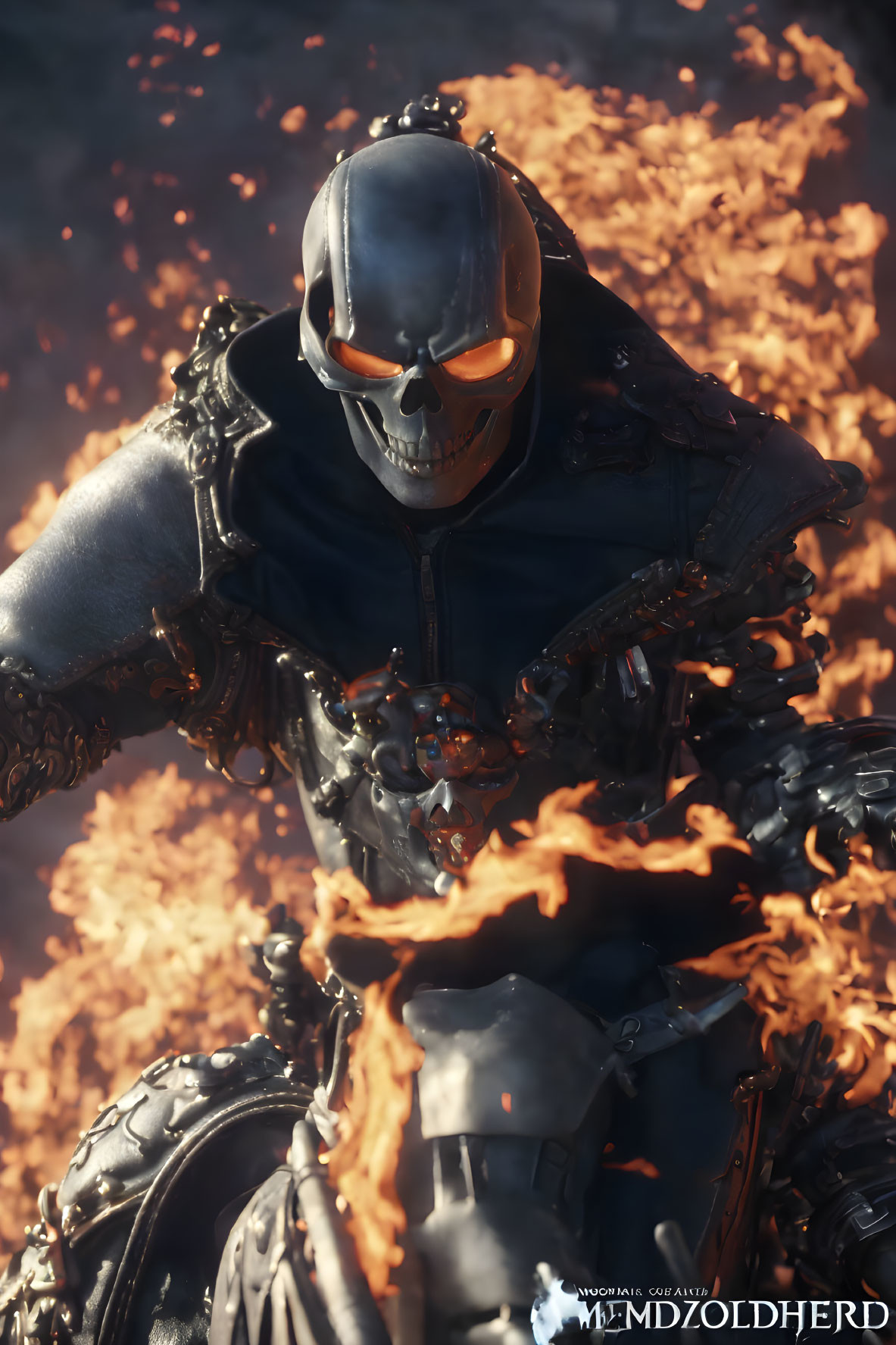 Menacing figure with skull-like metallic mask in dark armor suit amid flames