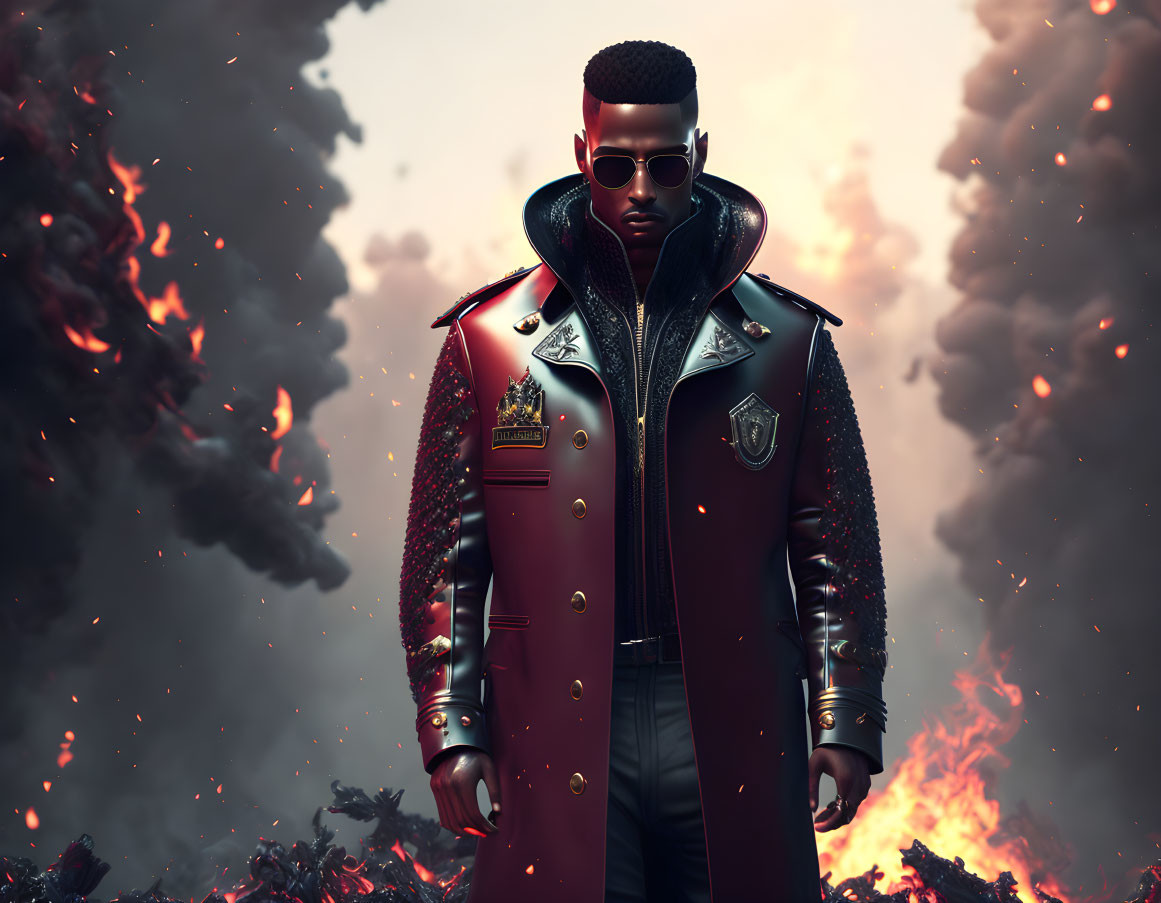 Stylized male figure in red trench coat and sunglasses in fiery backdrop