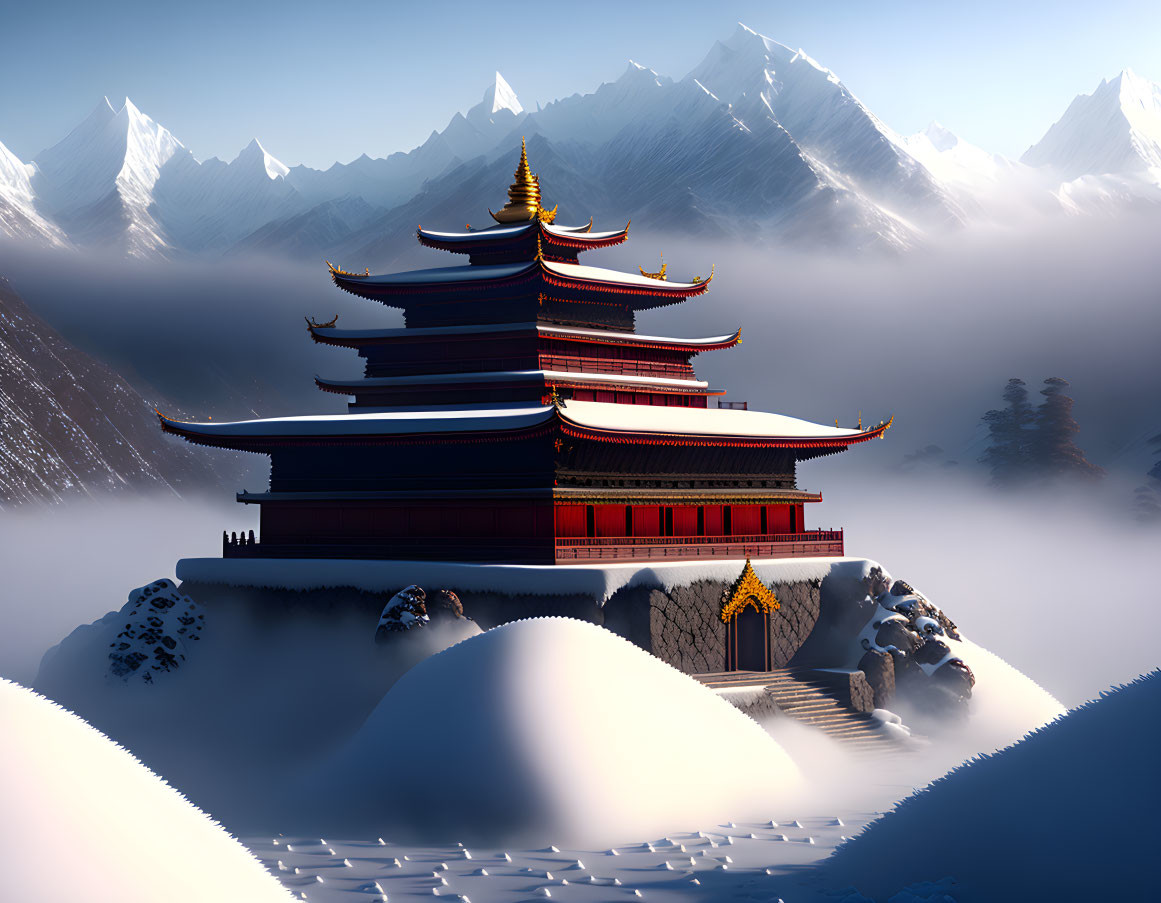 Traditional Asian Pagoda Amid Snowy Mountains and Mist in Red and Gold Tiers