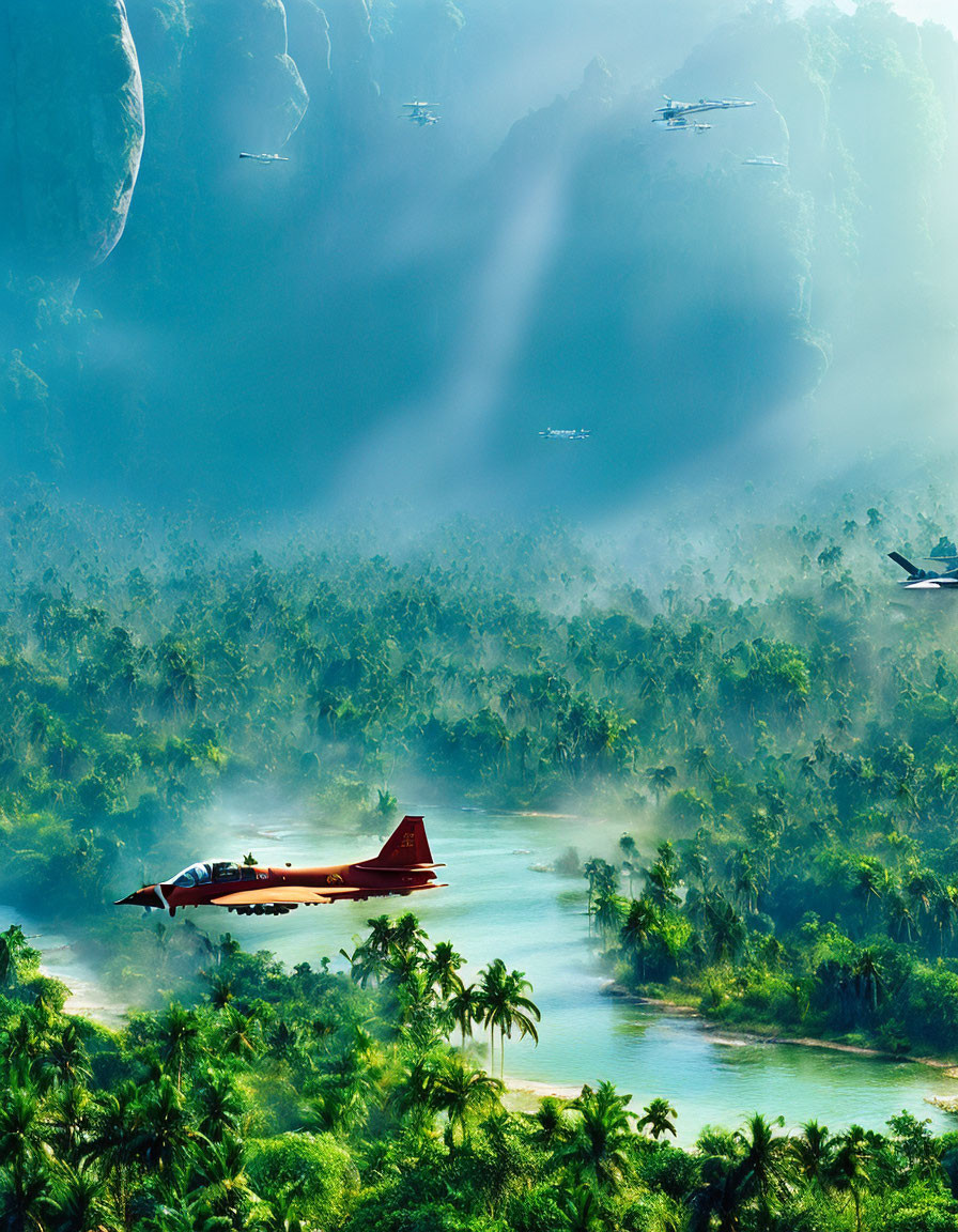 Red plane flying over lush tropical river landscape with misty forests and towering cliffs under sunlight beams.