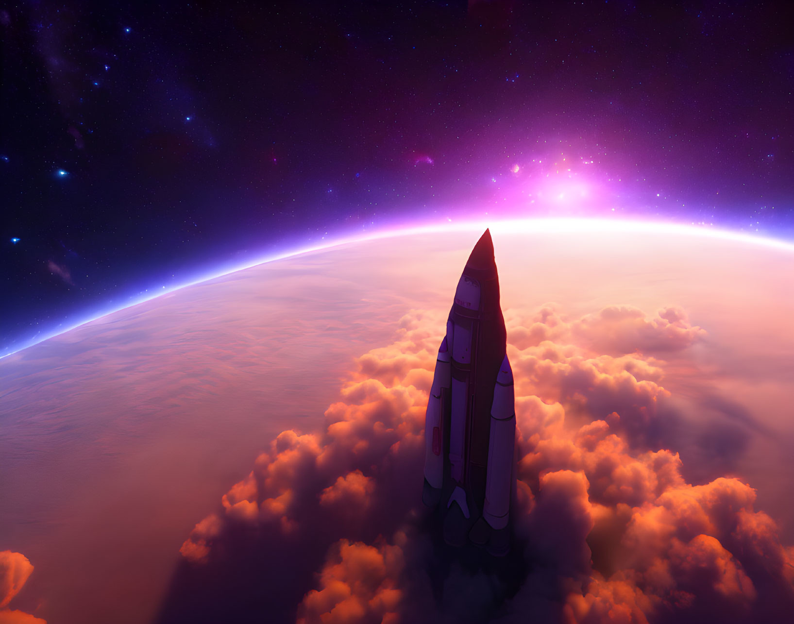 Space shuttle ascending with purple cosmos and Earth's curvature.