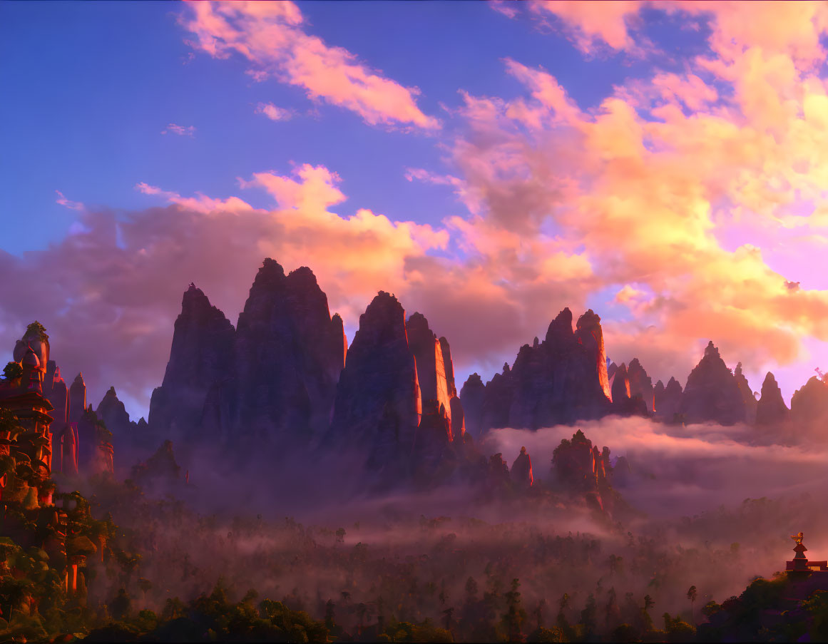 Majestic misty mountains at sunset with pagoda silhouettes