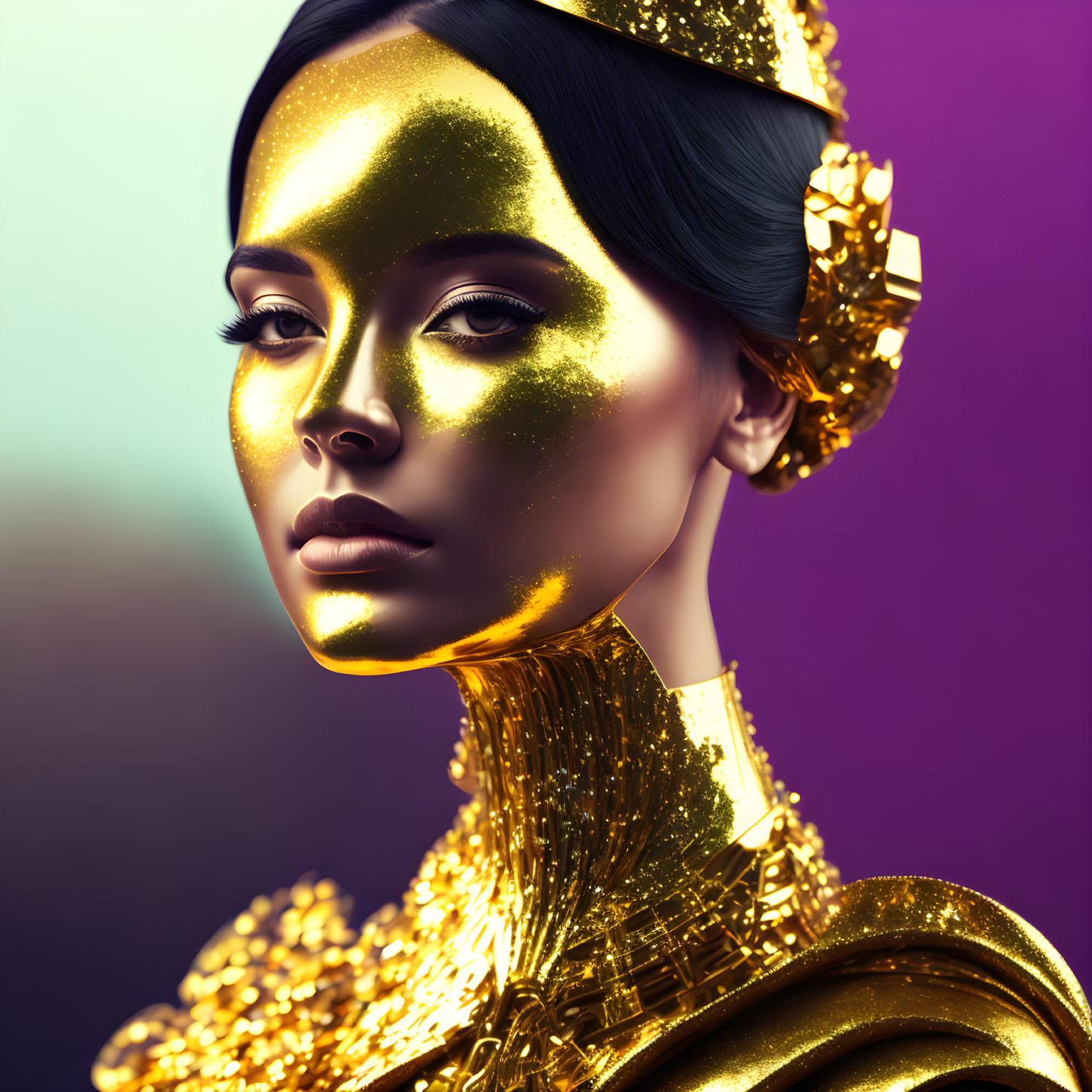 Golden-skinned woman with ornate headgear on gradient background