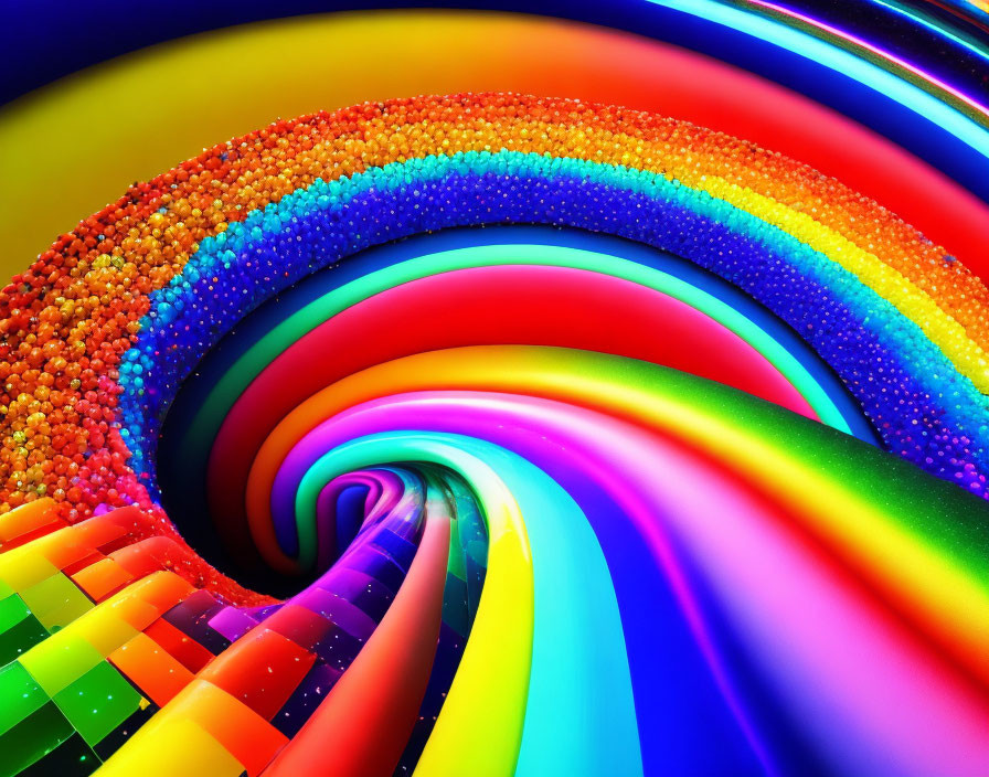 Colorful digital artwork: Swirling spectrum with textured stream and glossy bands