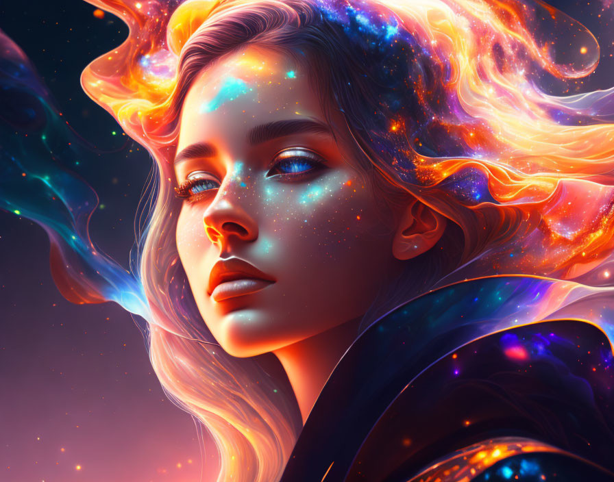 Digital Artwork: Woman with Cosmic Features in Blue, Orange, and Purple