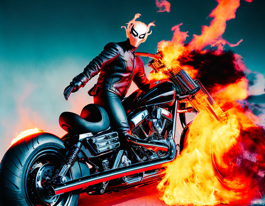 Figure in black outfit with skull mask on motorcycle against fiery backdrop.