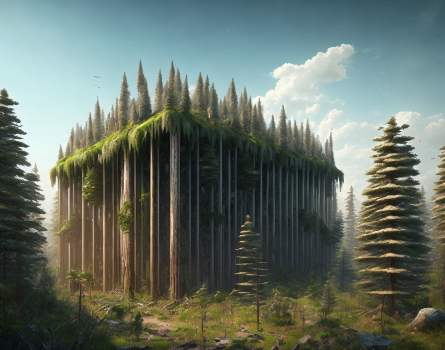 Mystical forest landscape with towering moss-covered structure